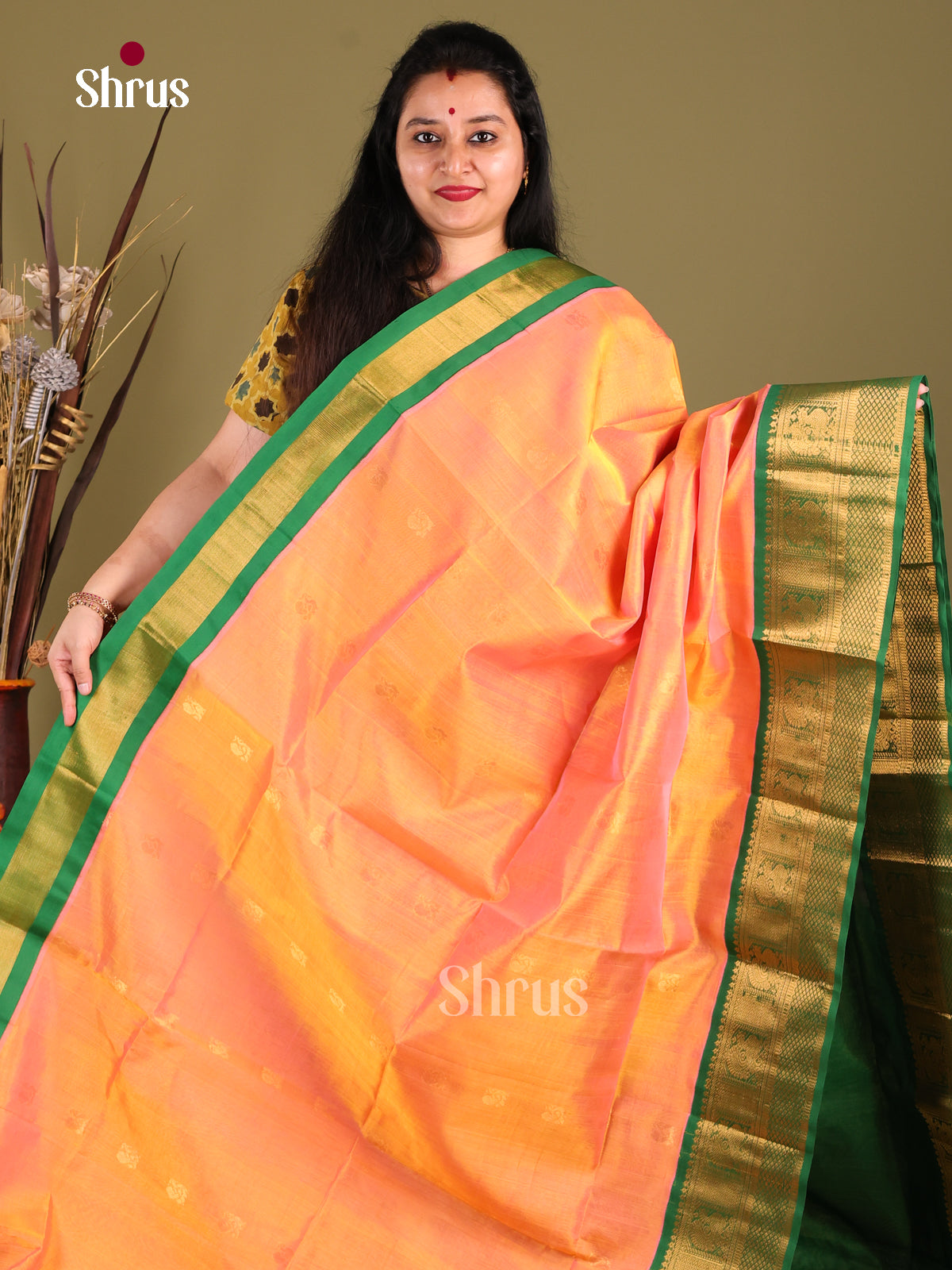 Regal Peach Silk Cotton Saree With Zari Buttas & Green Korvai Zari Border 1