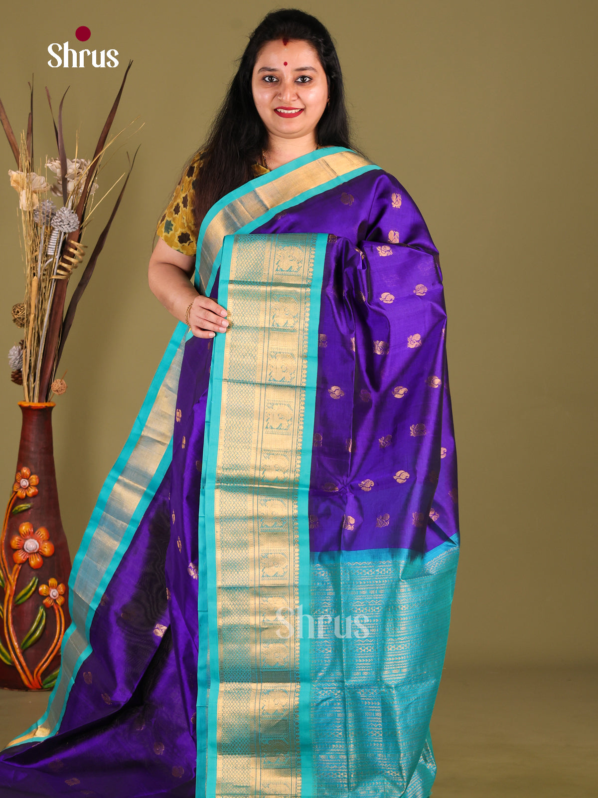 Blue & Teal Silk Cotton Korvai-Big border Saree