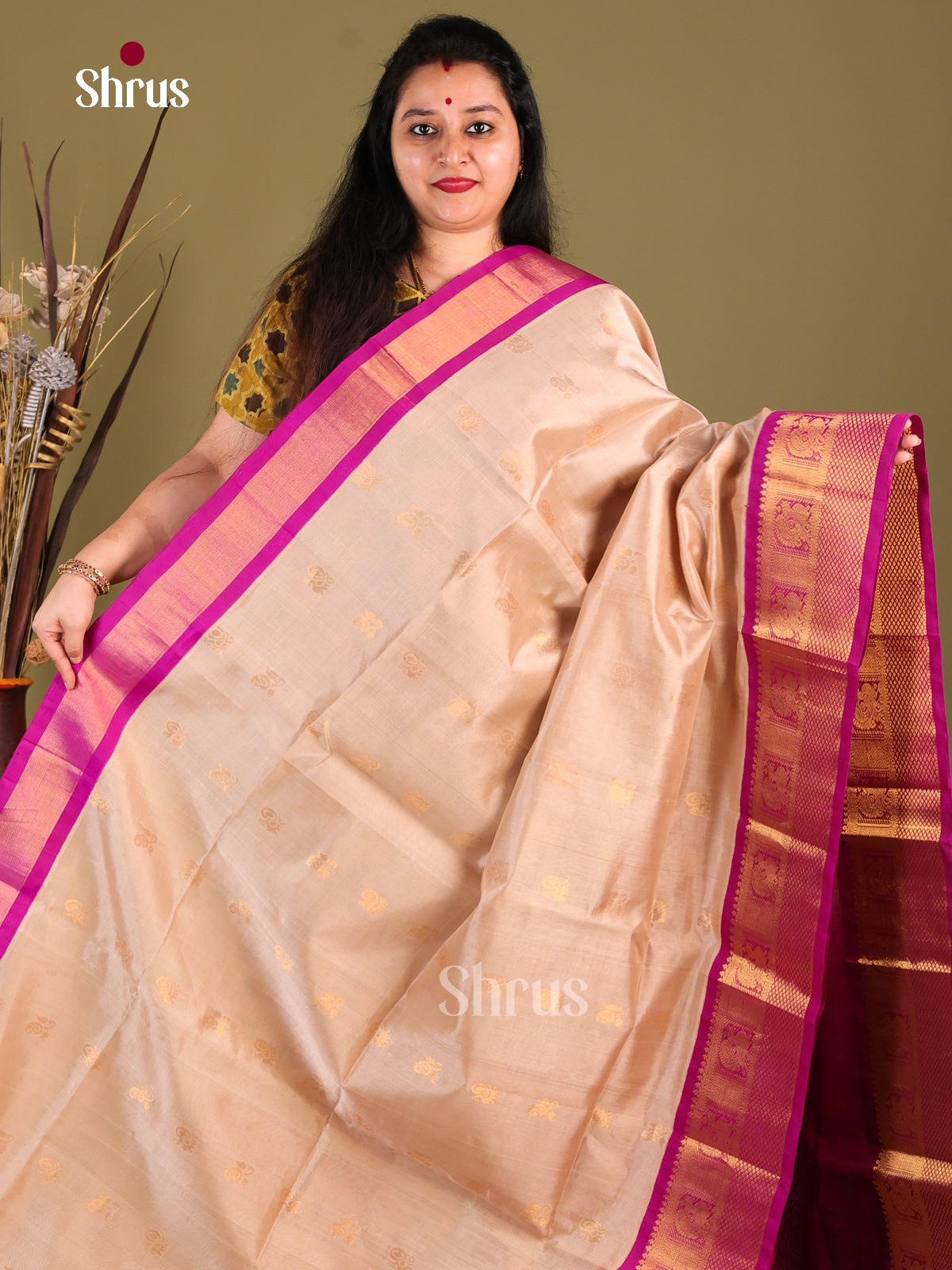 Cream & Majenta Silk Cotton Korvai-Big border Saree