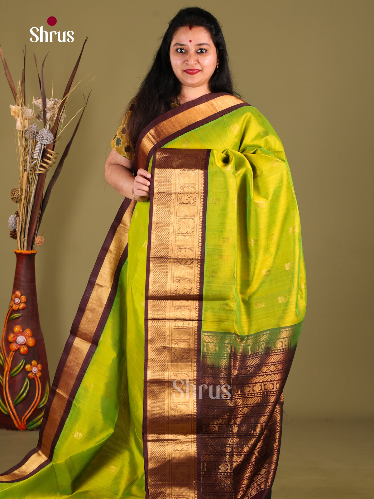 Light Green & Brown Silk Cotton Korvai-Big border Saree - Shop on Shrus.com