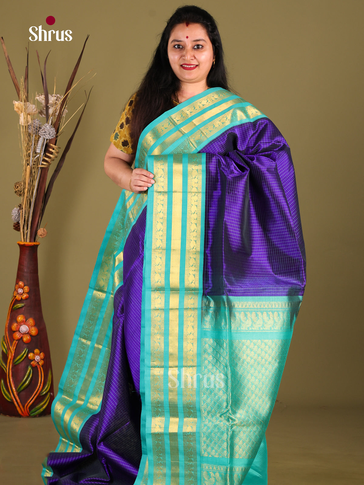 Exquisite Blue Silk Cotton Saree With Checks & Teal Korvai Zari Border - Shop on Shrus.com