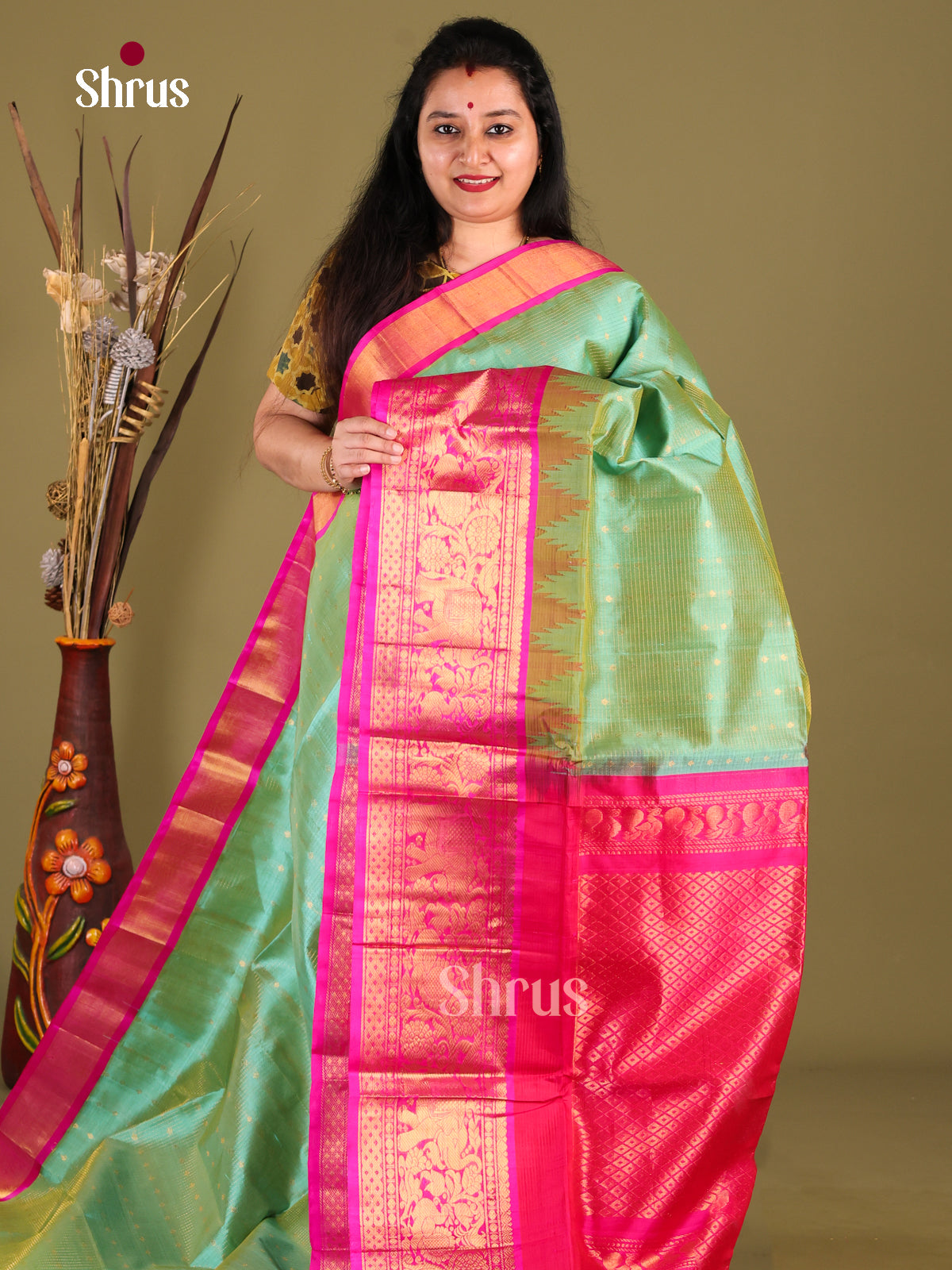 Pastel Green & Pink Silk Cotton Korvai-kattams Saree - Shop on Shrus.com