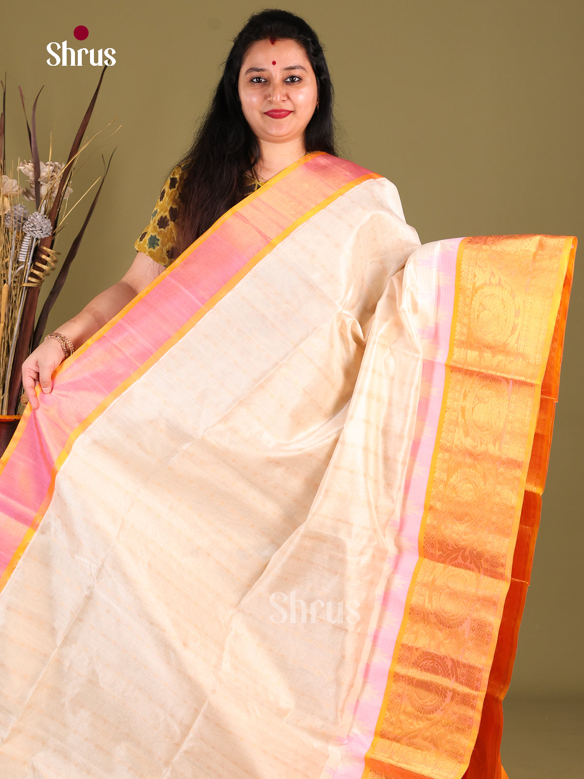 Cream & Orange Silk Cotton Korvai-kattams Saree -1