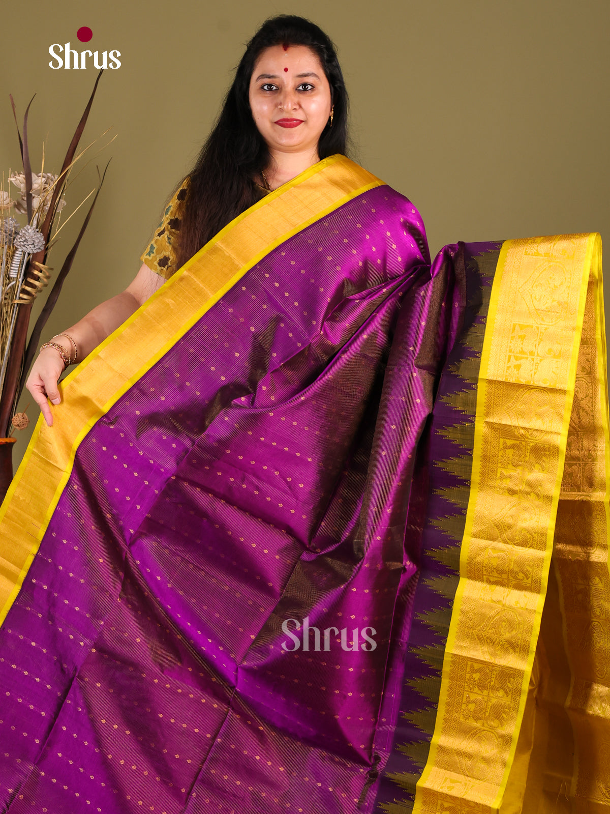 Violet & Yellow Silk Cotton Korvai-kattams Saree -1