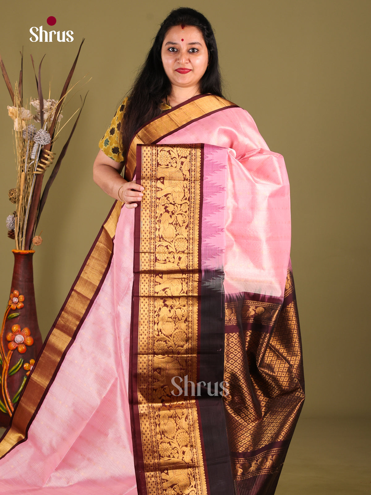 Pretty Pink Silk Cotton Saree with Zari Woven Checks & Maroon Korvai Border - Shop on Shrus.com