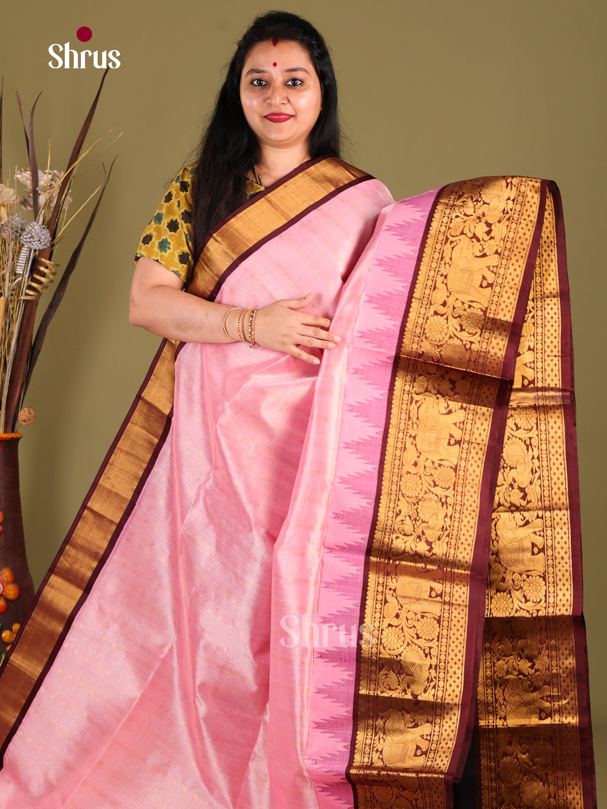 Pretty Pink Silk Cotton Saree with Zari Woven Checks & Maroon Korvai Border - Shop on Shrus.com