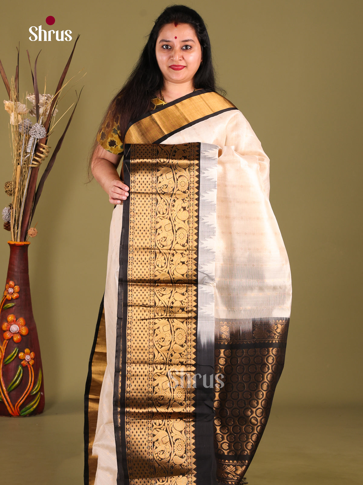 Grand Cream Silk Cotton Saree with Zari Woven Checks & Black Korvai Border