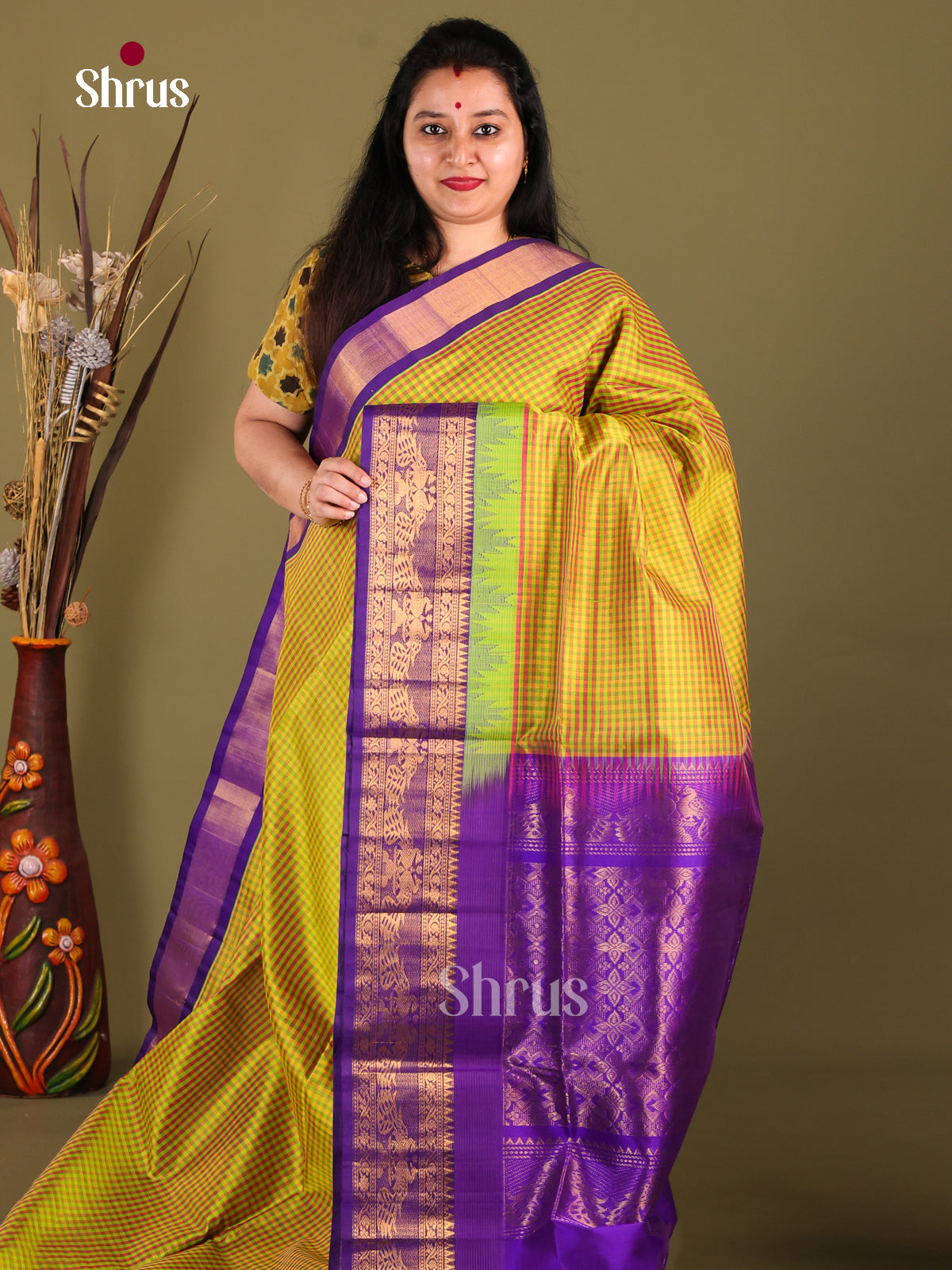 Yellow & Violet Silk Cotton Korvai-kattams Saree - Shop on Shrus.com