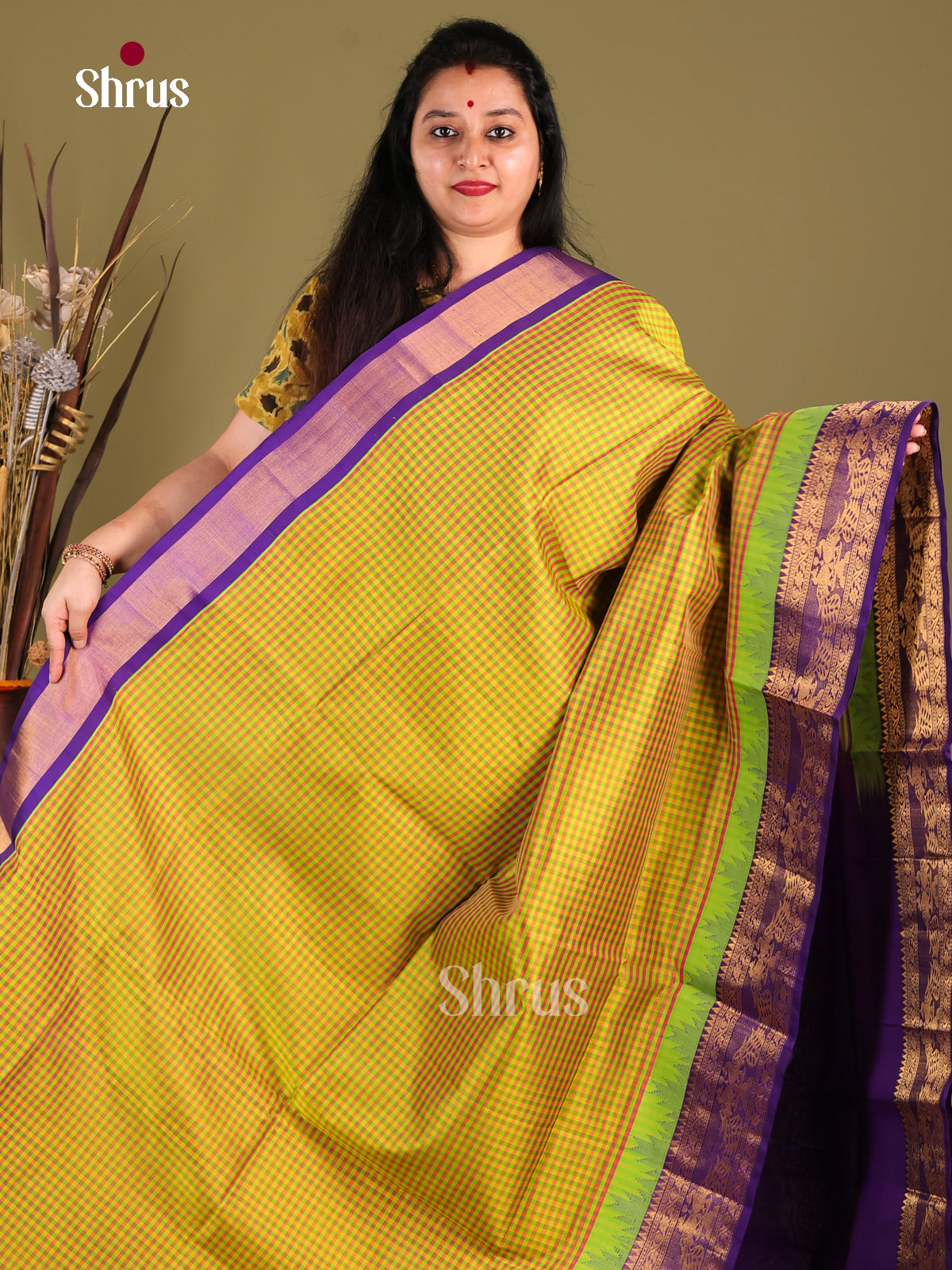 Yellow & Violet Silk Cotton Korvai-kattams Saree - Shop on Shrus.com