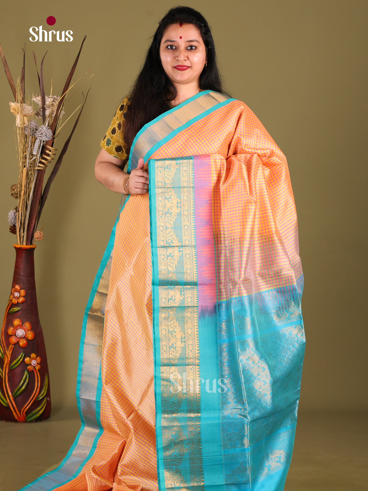 Peach & Teal Silk Cotton Korvai-kattams Saree - Shop on Shrus.com