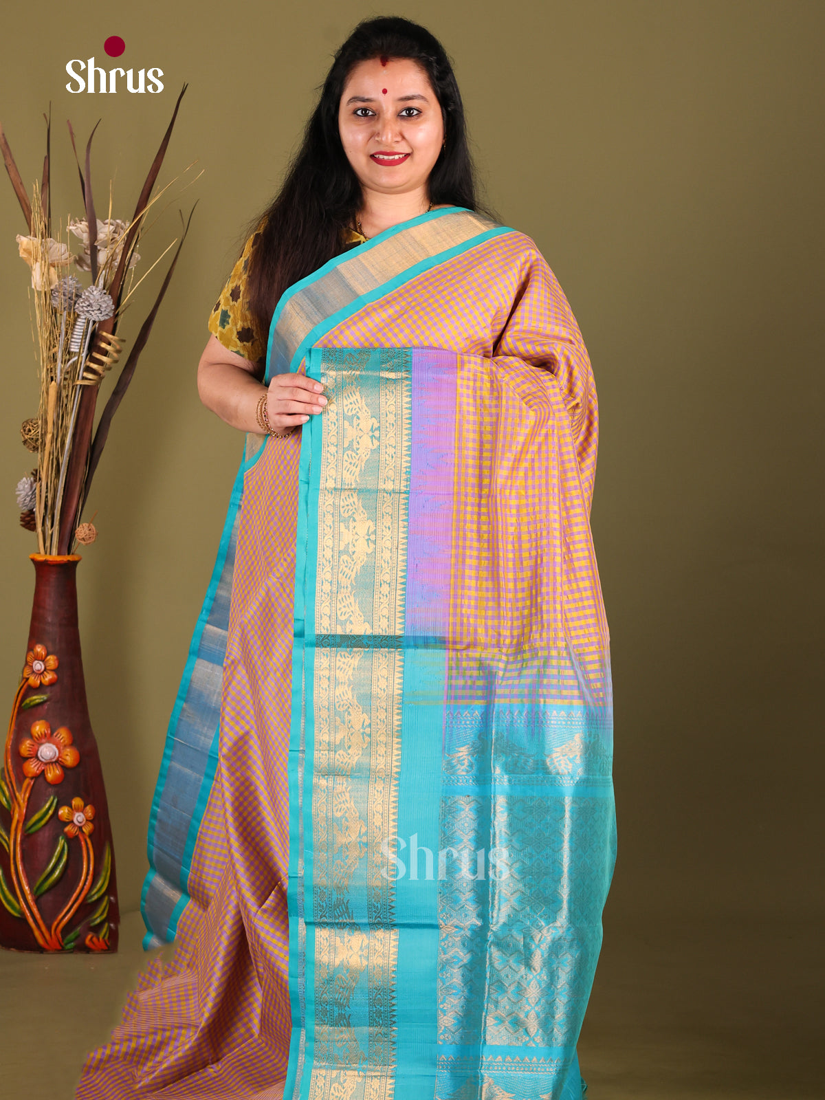 Timeless Dusty Brown Silk Cotton Saree With Checks & Teal Korvai Zari Border - Shop on Shrus.com