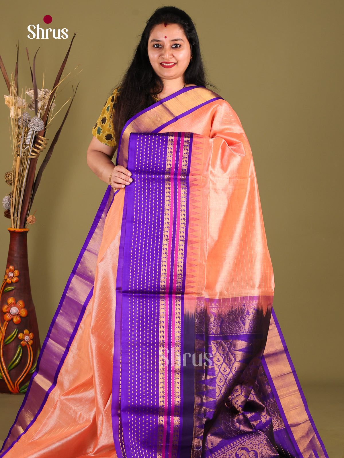 Dazzling Peach Silk Cotton Saree With Zari Checks & Blue Korvai Zari Border