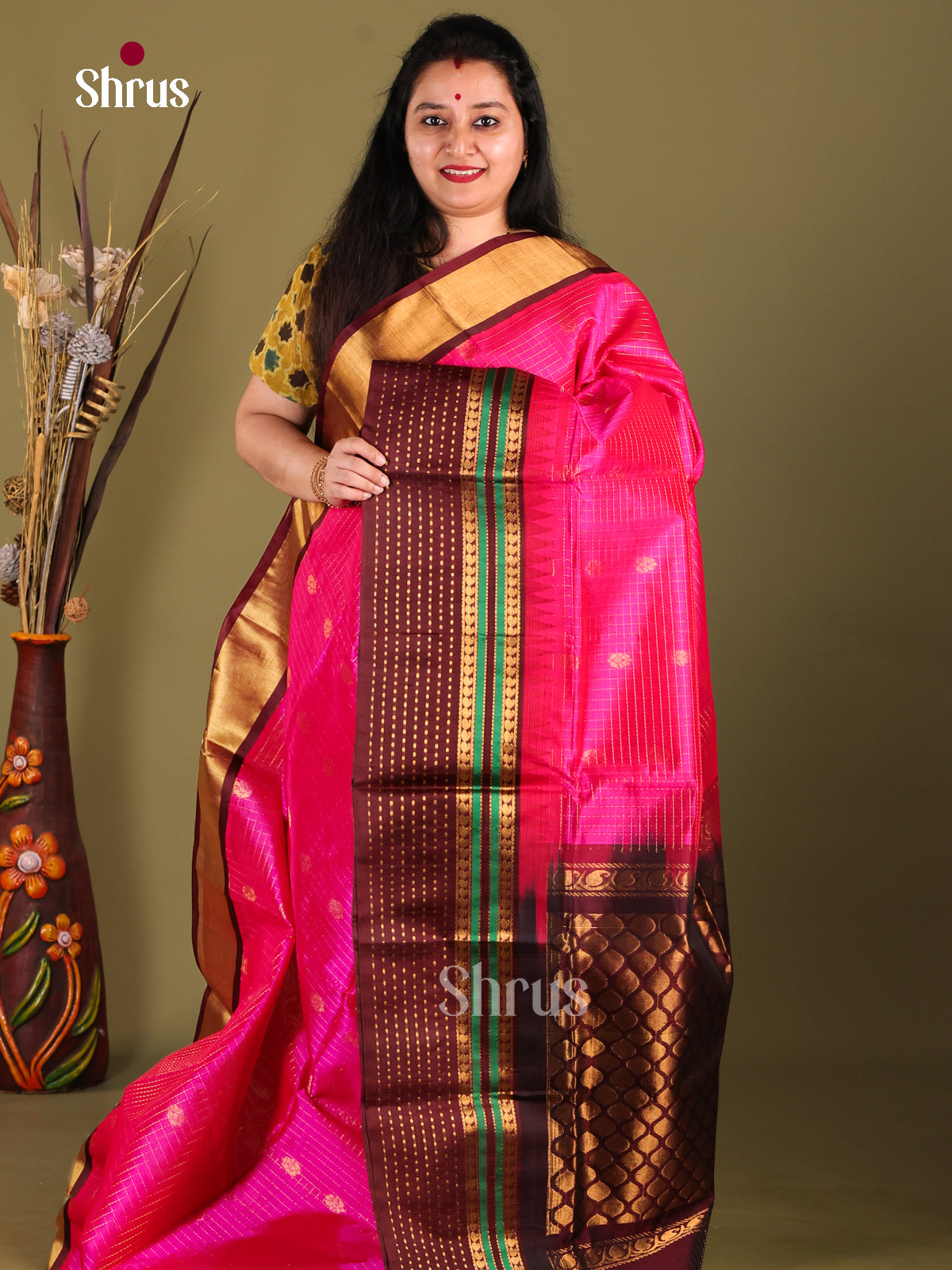 Classic Pink Silk Cotton Saree with Zari Woven Checks, Buttas & Brown Korvai Border