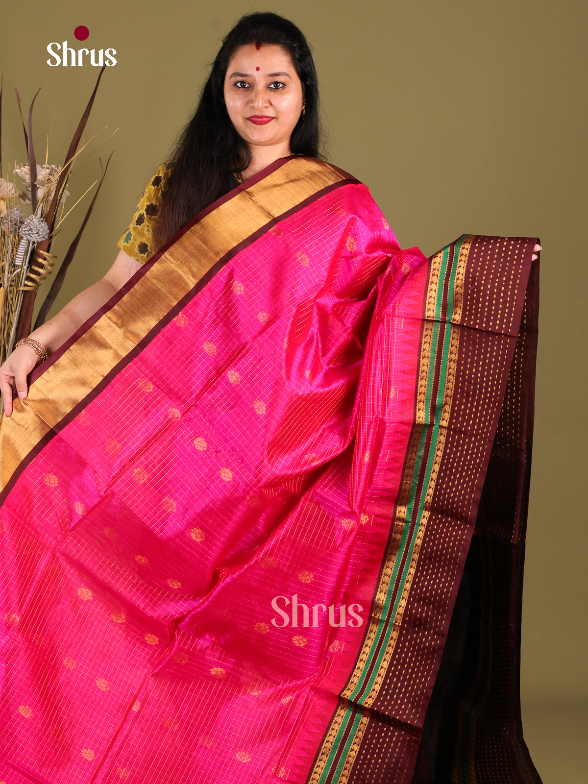 Classic Pink Silk Cotton Saree with Zari Woven Checks, Buttas & Brown Korvai Border