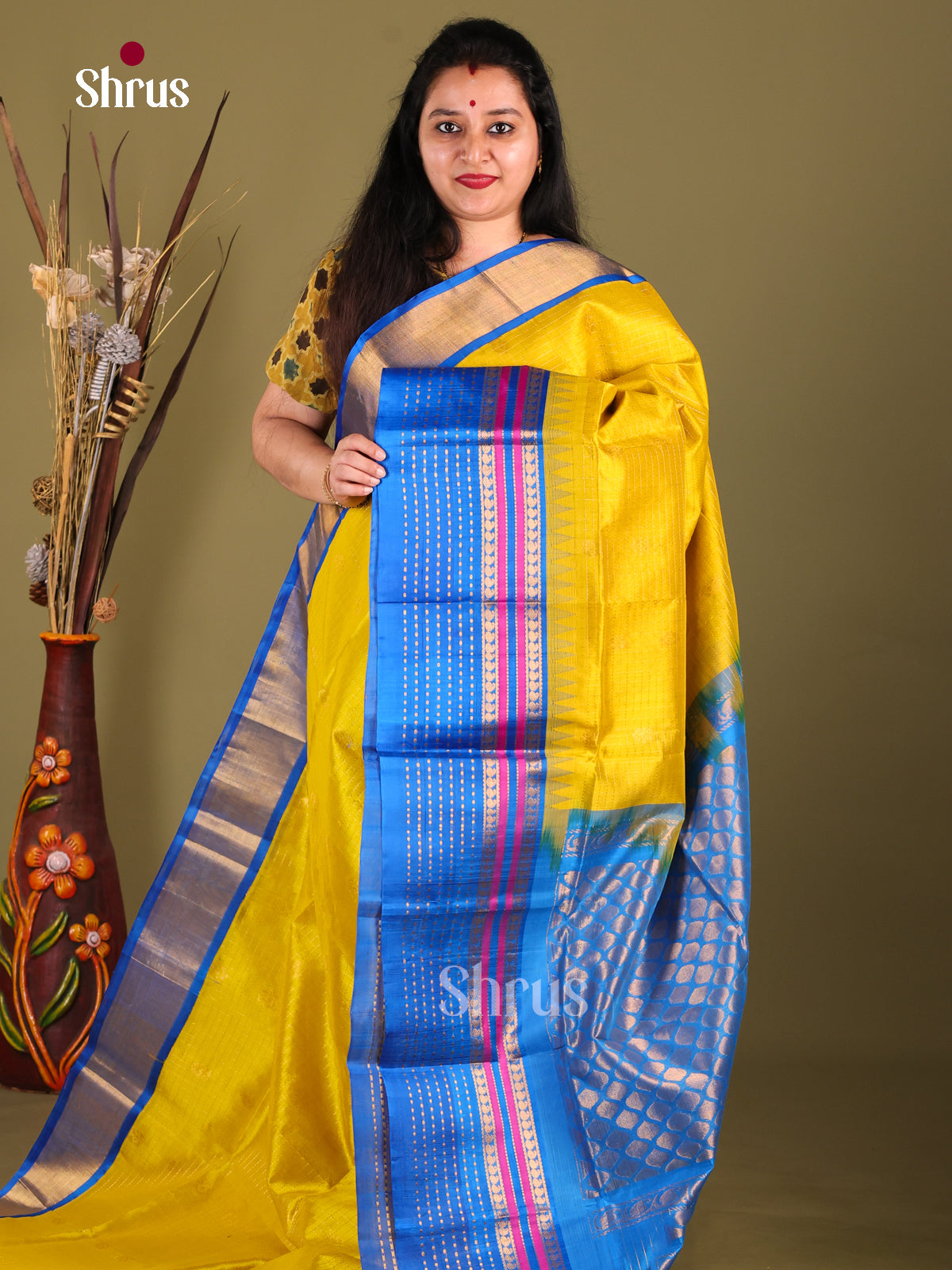 Elegant Yellow Silk Cotton Saree with Zari Woven Checks & Blue Korvai Border - Shop on Shrus.com