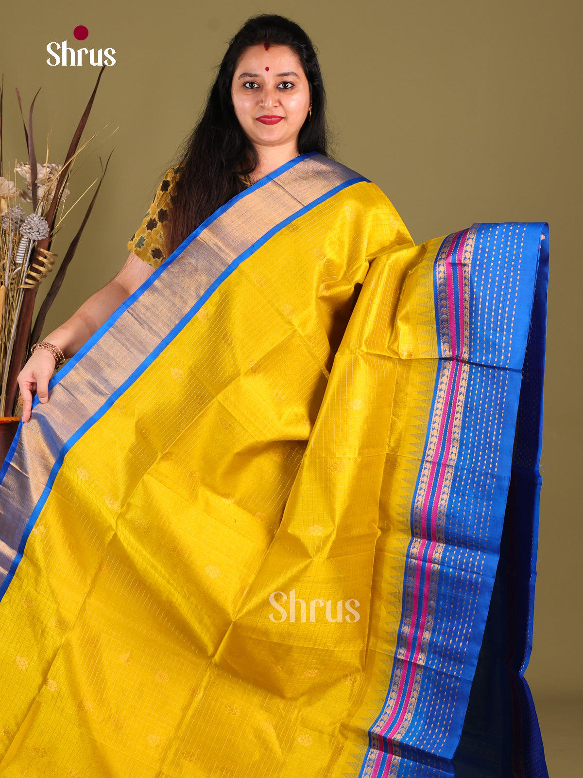 Elegant Yellow Silk Cotton Saree with Zari Woven Checks & Blue Korvai Border - Shop on Shrus.com