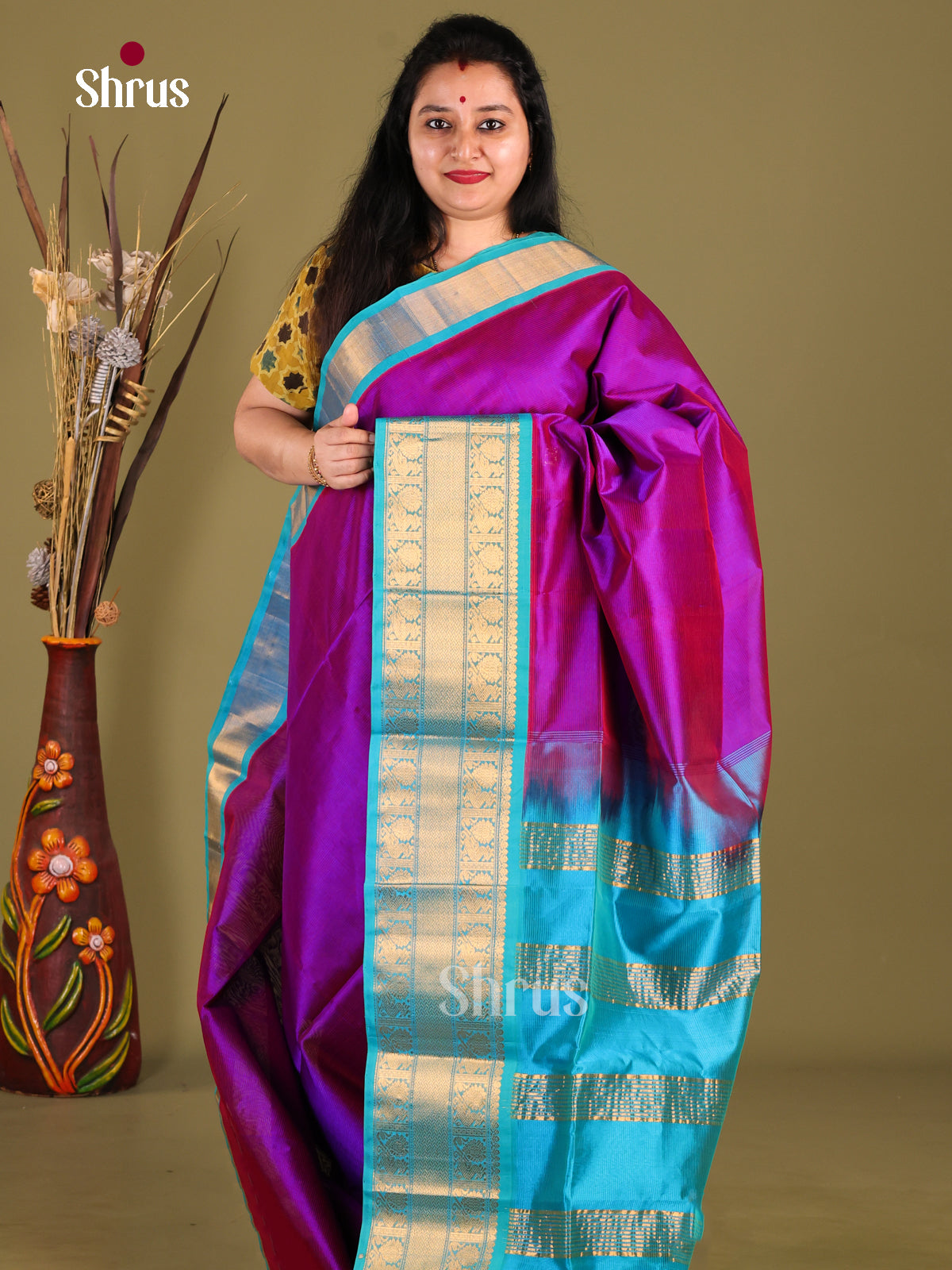 Stunning Purple Silk Cotton Saree with Blue Korvai Zari Border - Shop on Shrus.com
