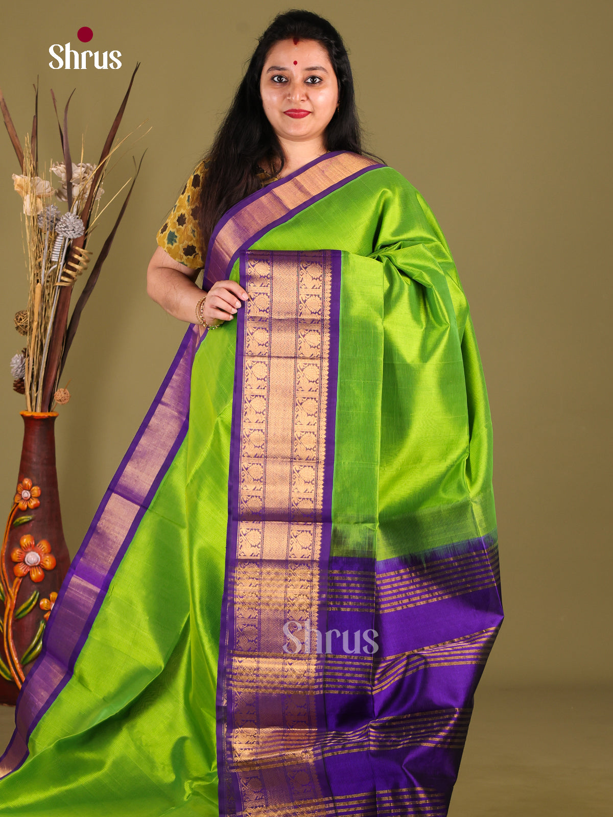 Parrot Green & Blue Silk Cotton Korvai-Big border Saree - Shop on Shrus.com