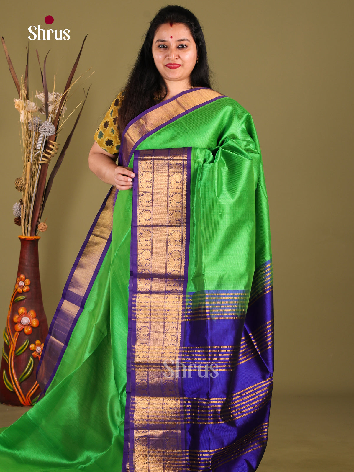 Classy Green Silk Cotton Saree With Blue Zari Woven Border