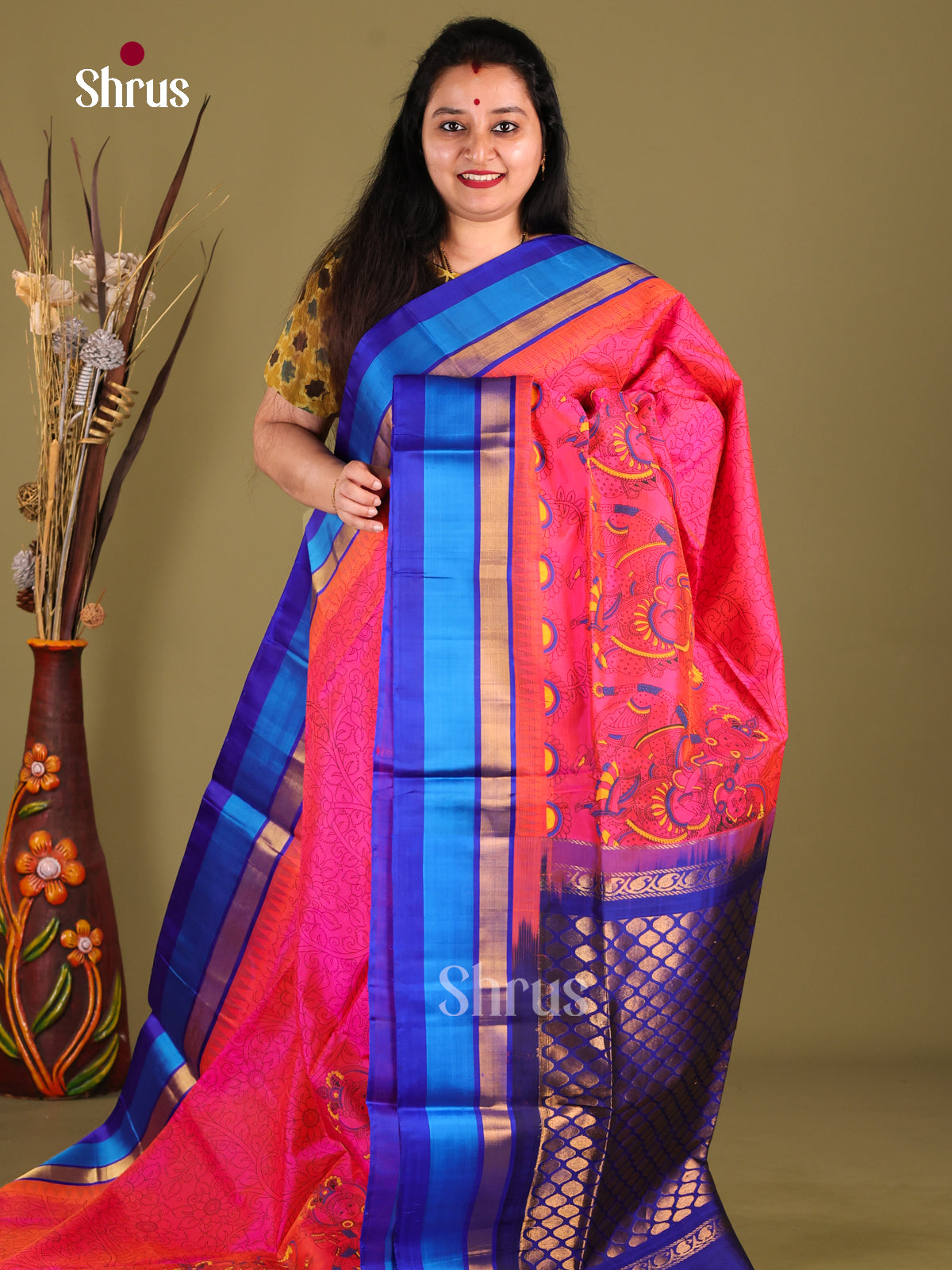 Classy Pink Silk Cotton Saree With Kalamkari Prints & Blue Temple Border