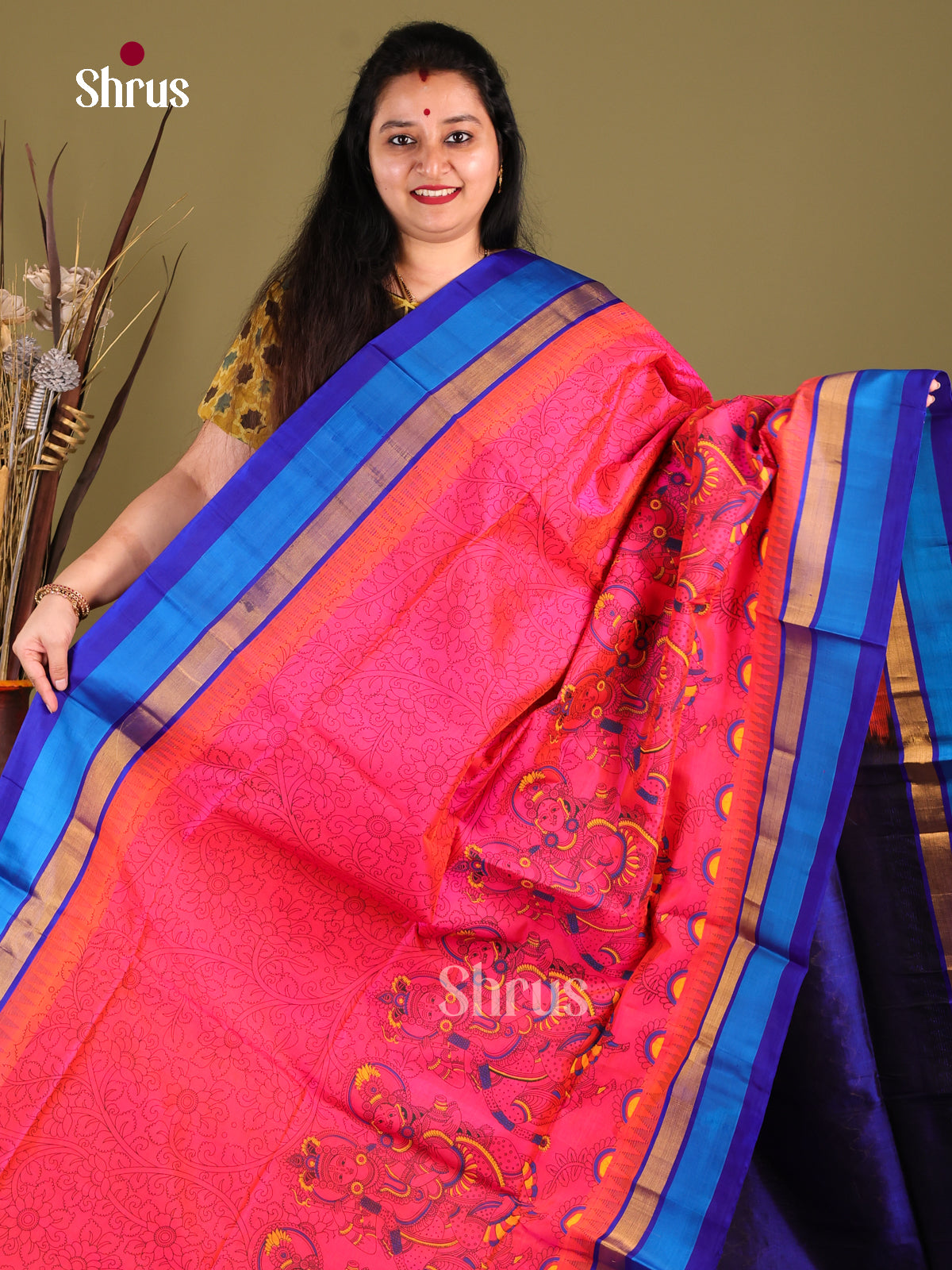 Classy Pink Silk Cotton Saree With Kalamkari Prints & Blue Temple Border 1