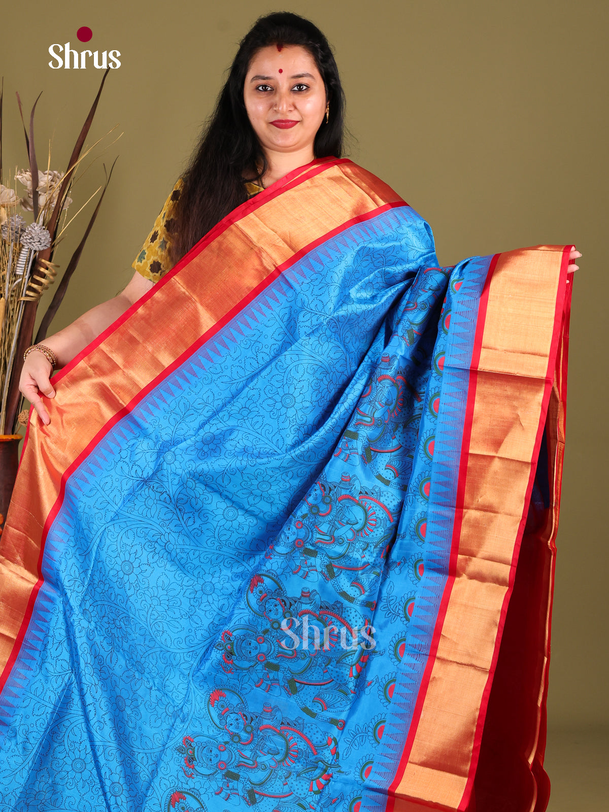 Classy Blue Silk Cotton Saree With Kalamkari Prints & Red Temple Border 1