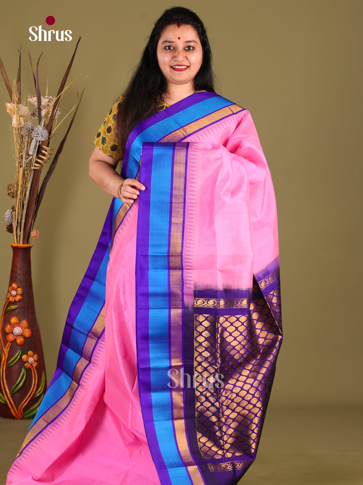 Charming Pink Silk Cotton Saree with Blue Temple Border & Brocade Pallu