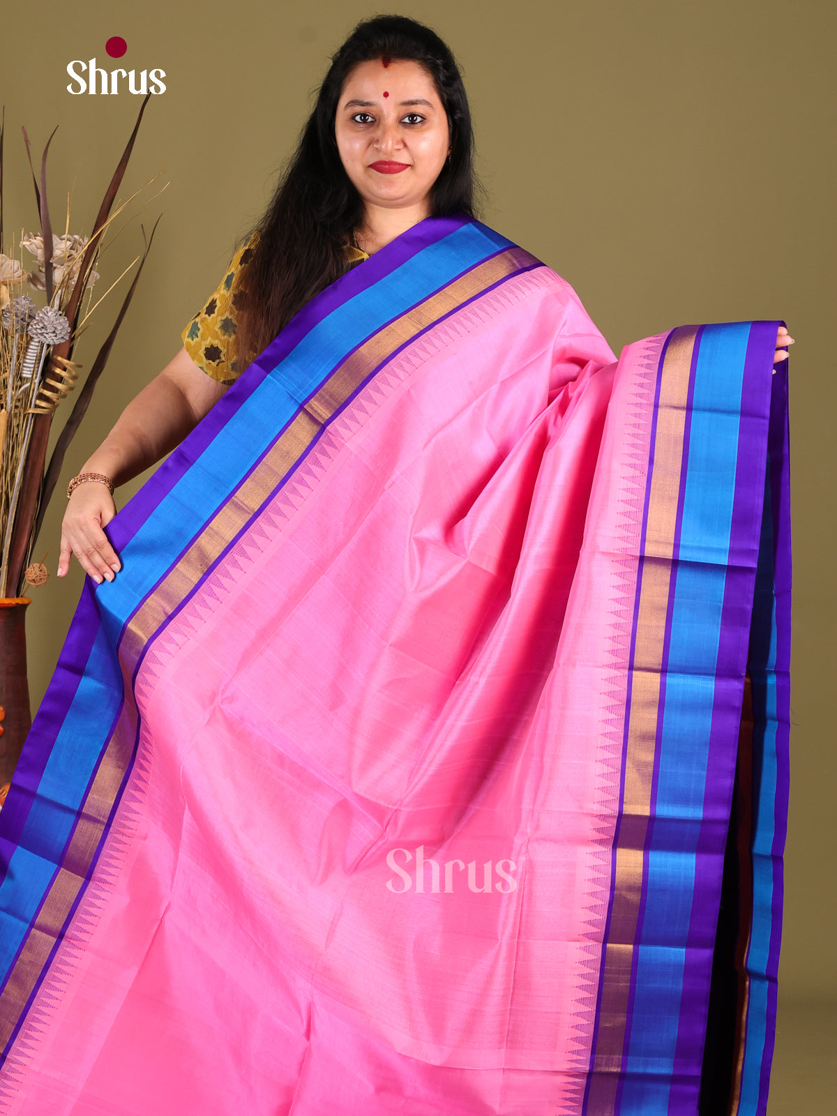 Charming Pink Silk Cotton Saree with Blue Temple Border & Brocade Pallu 1