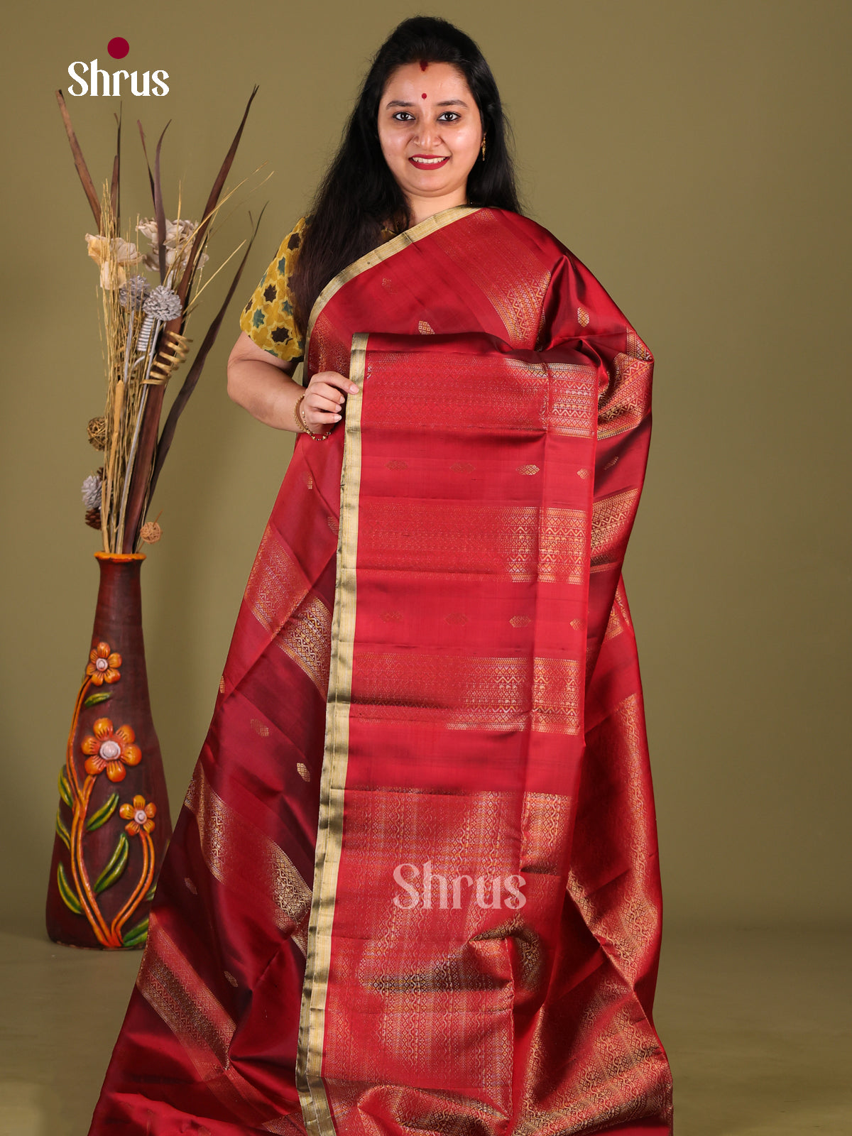 Pretty Maroon Soft Silk Saree with zari buttas, stripes & Brocade Pallu
