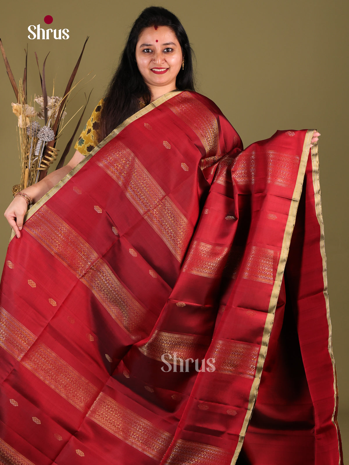Pretty Maroon Soft Silk Saree with zari buttas, stripes & Brocade Pallu