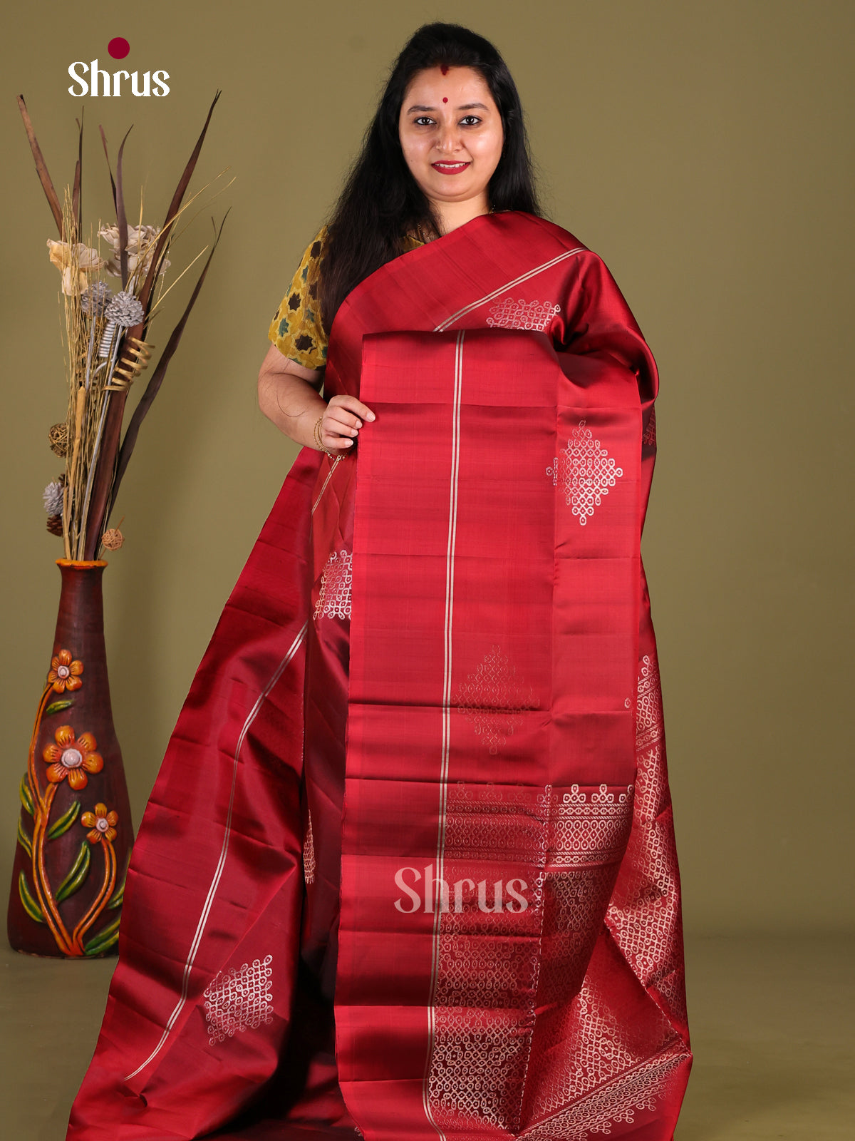 Classic Maroon Soft Silk Saree with zari kolam motifs & Brocade Pallu