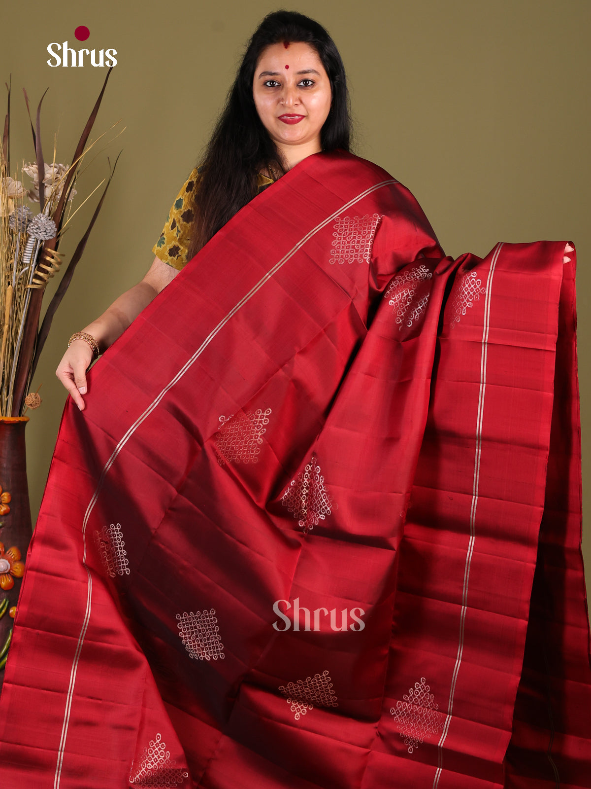 Classic Maroon Soft Silk Saree with zari kolam motifs & Brocade Pallu