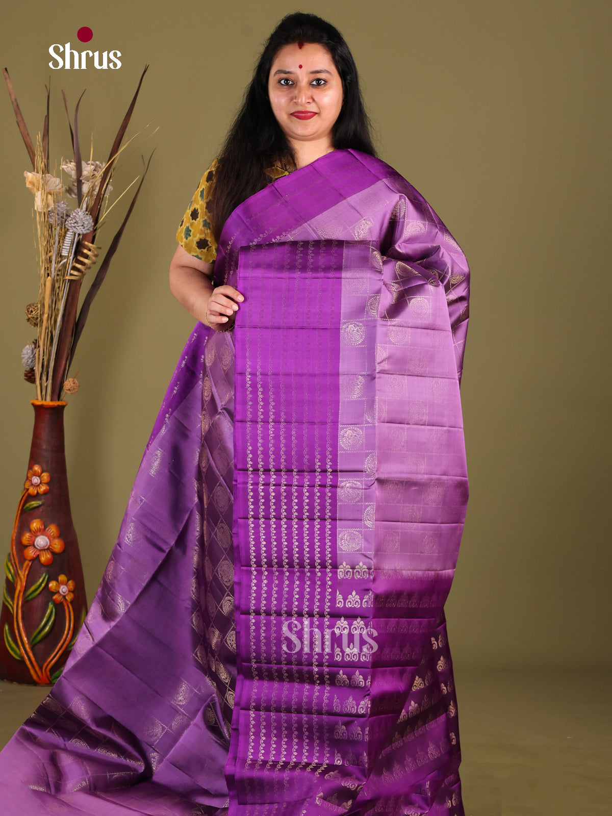 Beautiful Lavender Soft Silk Saree with zari checks, floral motifs & Purple Striped Border