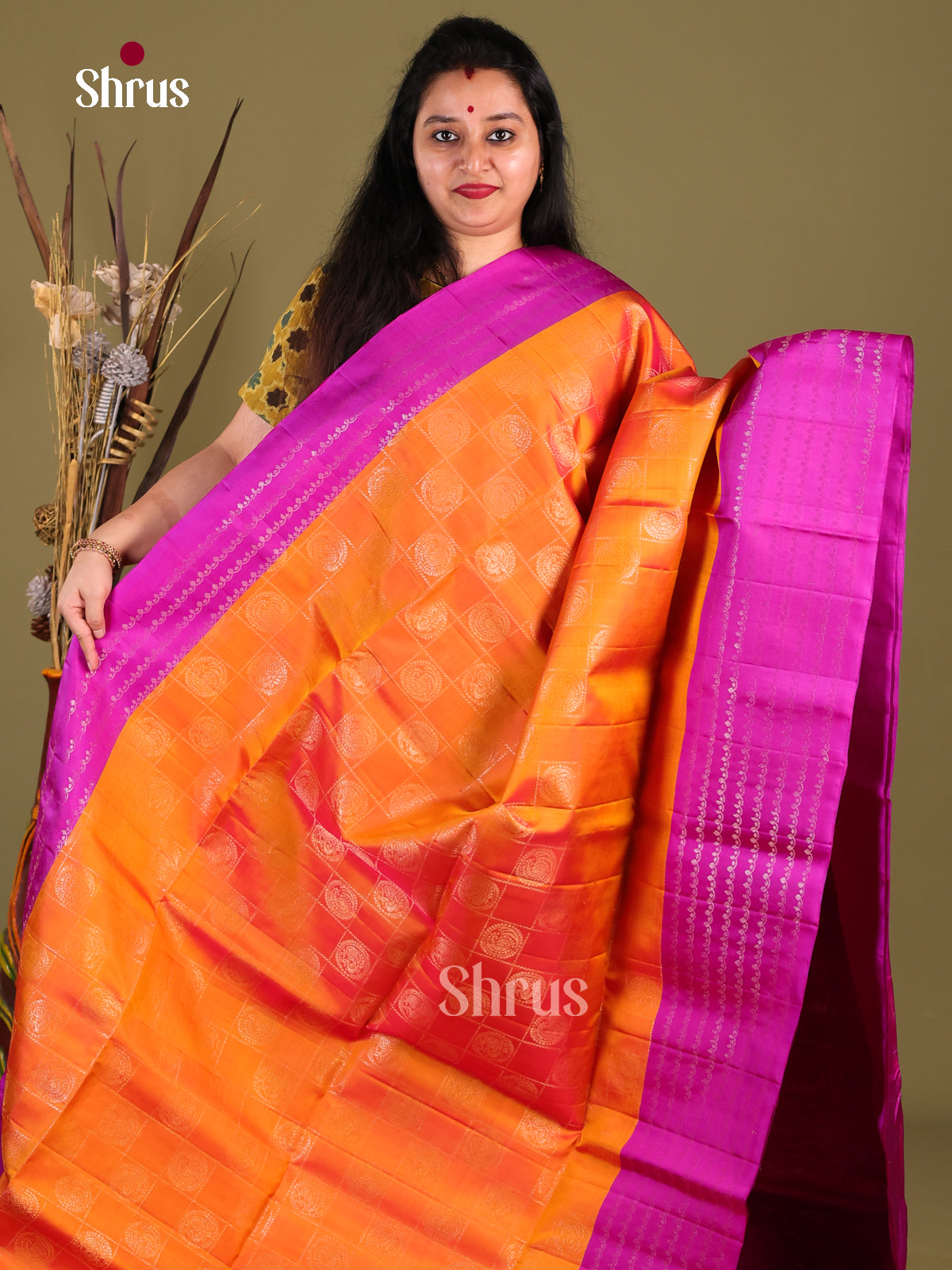 Enchanting Orange Soft Silk Saree with zari checks, floral buttas & Majenta Pallu -1
