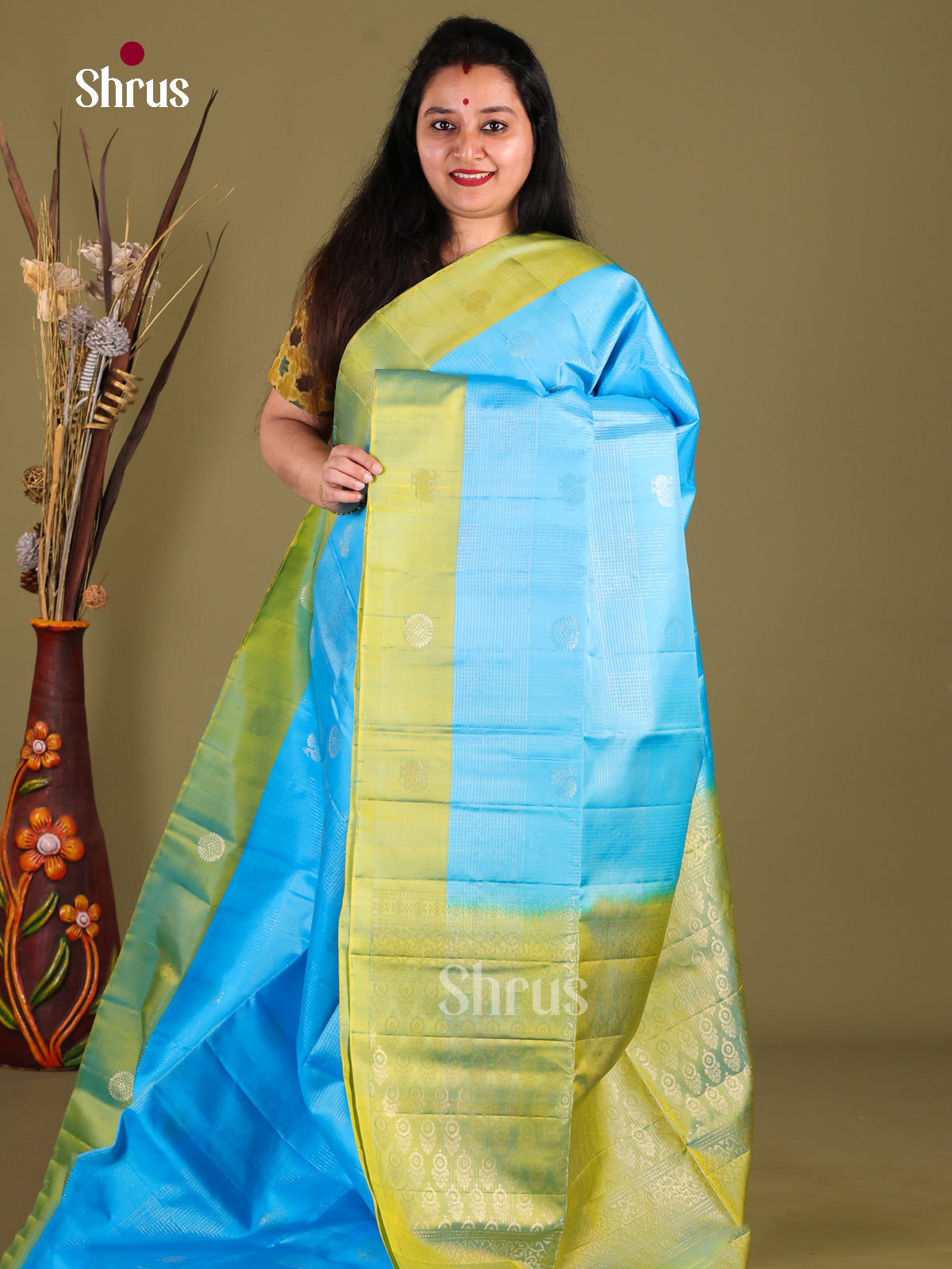 Ethereal Light Blue Soft Silk Saree with zari floral motifs & Green brocade pallu