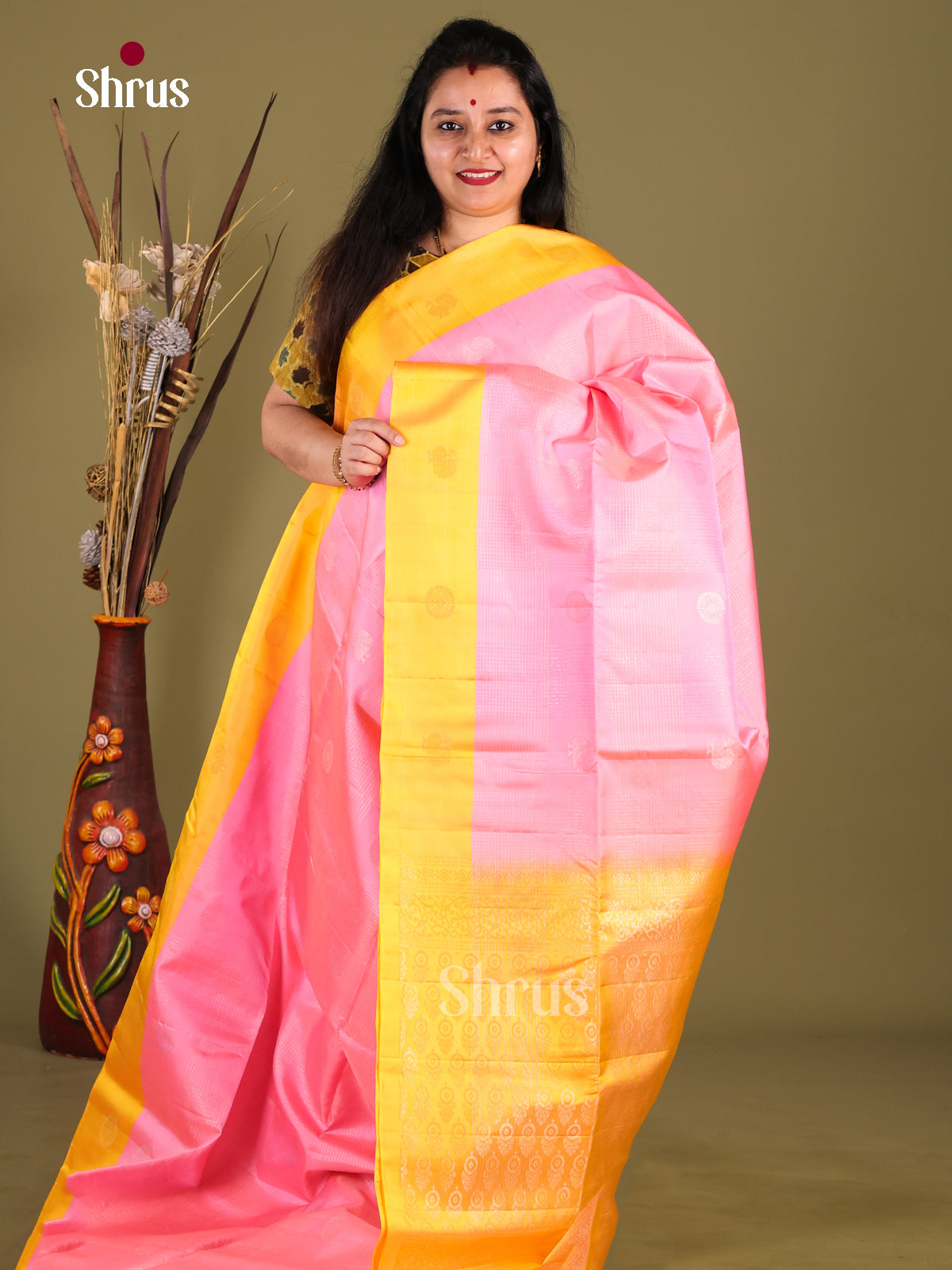 Cute Pink Soft Silk Saree with golden floral buttas & YEllow Border With Zari Motifs