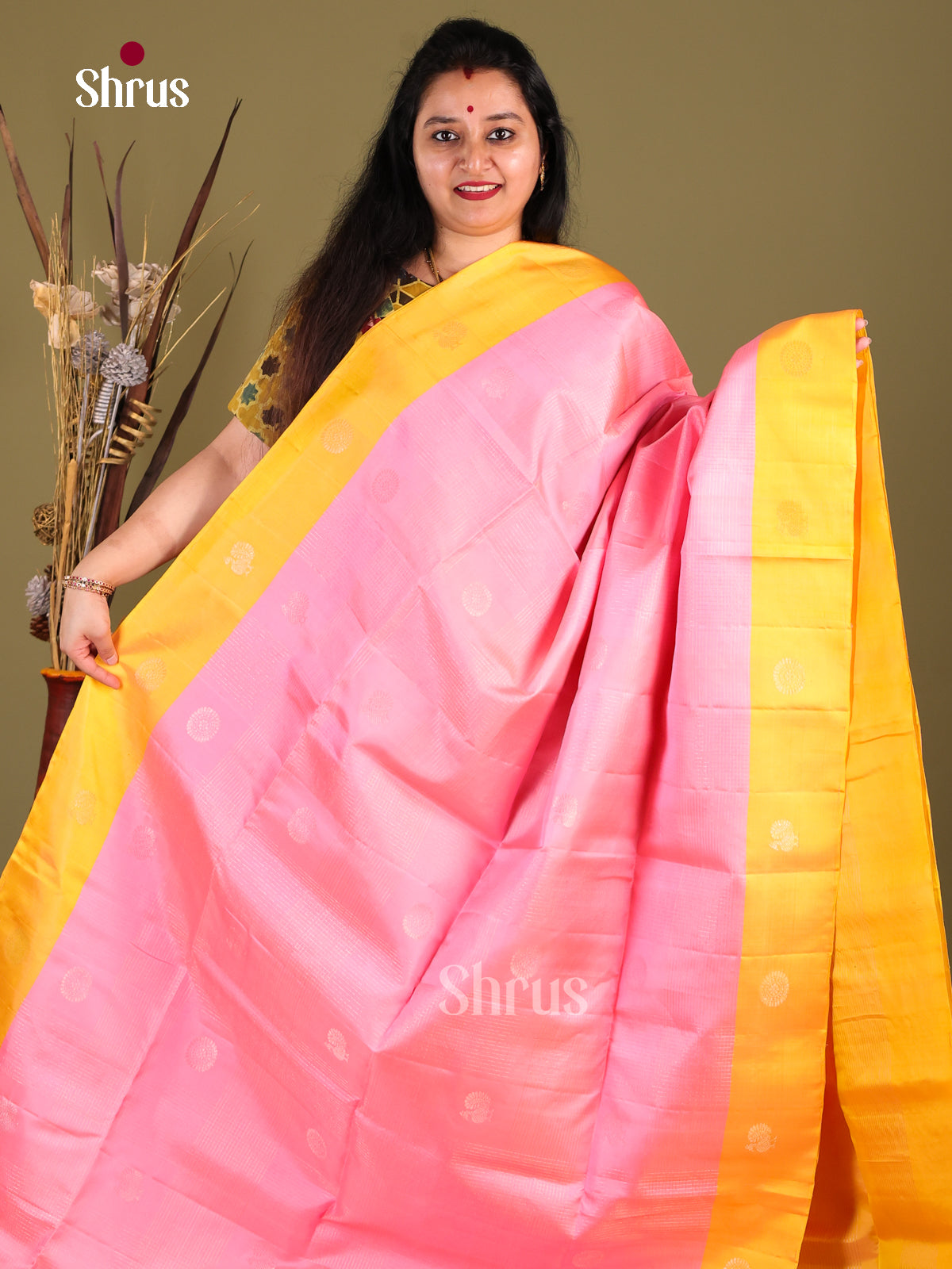 Cute Pink Soft Silk Saree with golden floral buttas & YEllow Border With Zari Motifs -1