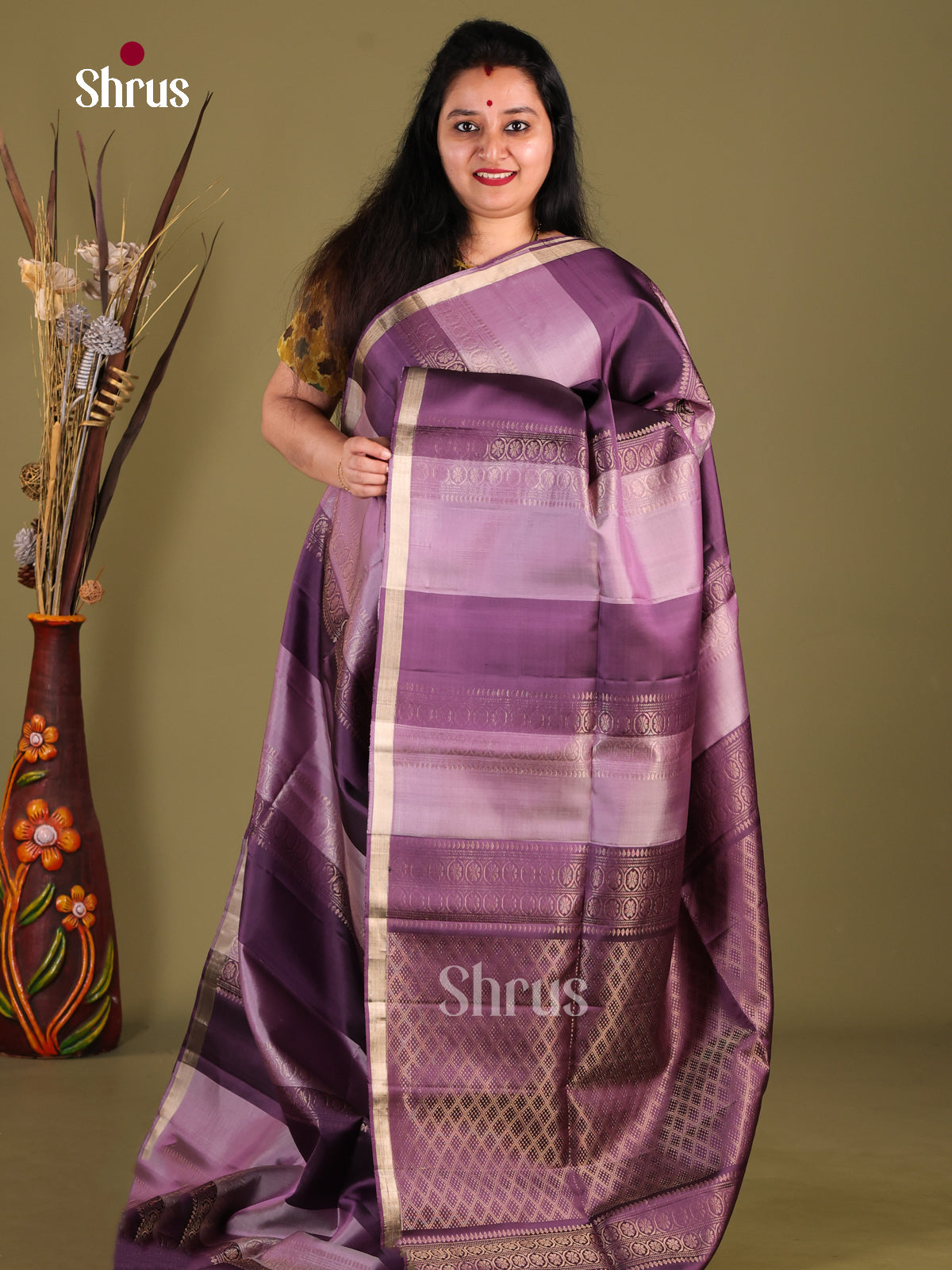 Lavender & Violet Soft Silk Saree with zari floral stripes - Shop on Shrus.com