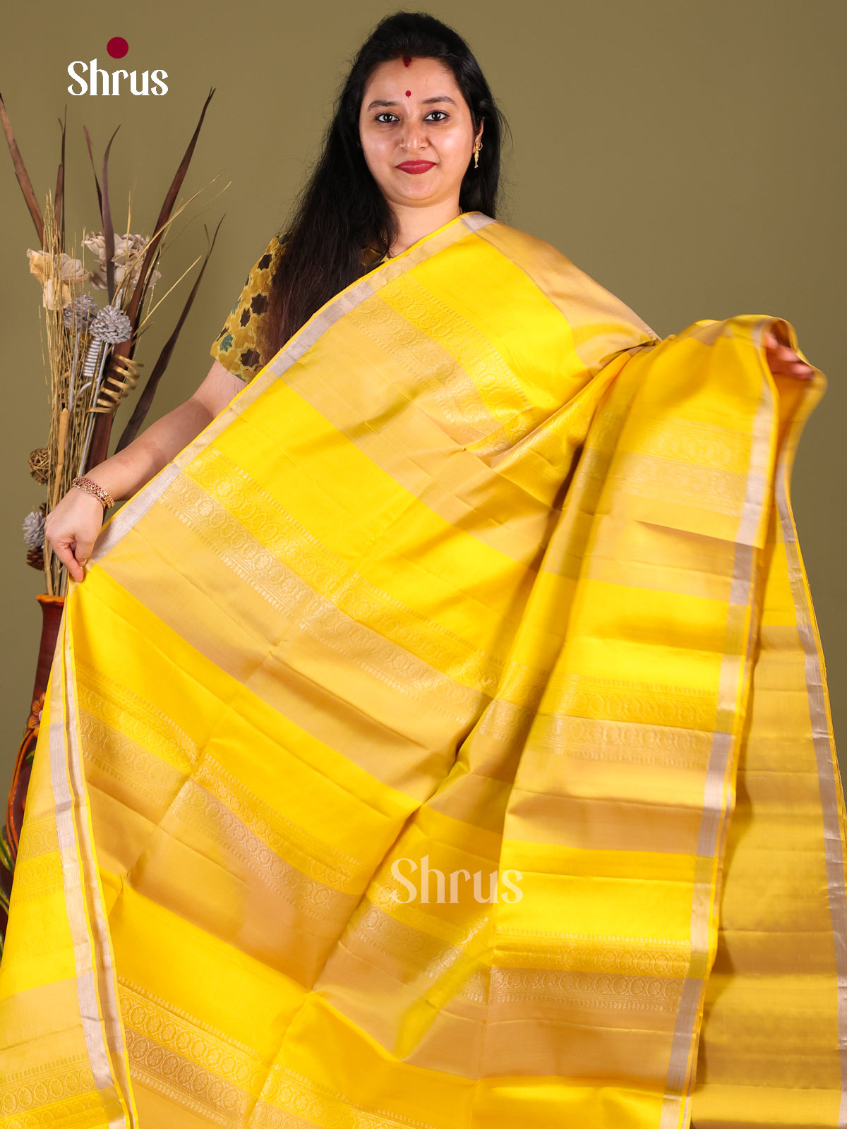 Glorious Yellow Soft Silk Saree with zari stripes & Beige Brocade pallu - Shop on Shrus.com
