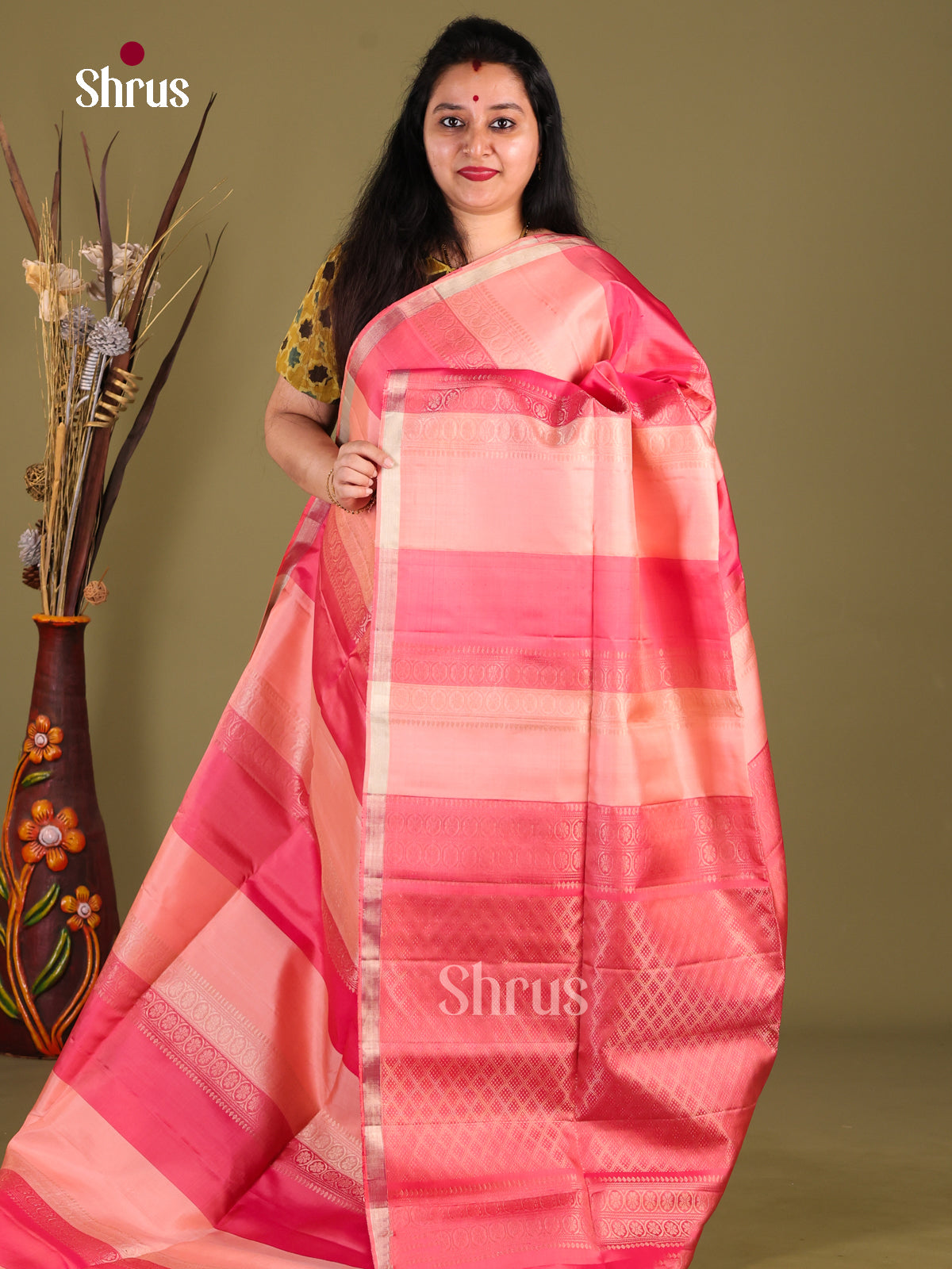 Luxurious Peach Handloom Soft Silk Saree with zari stripes & Pink Brocade Pallu