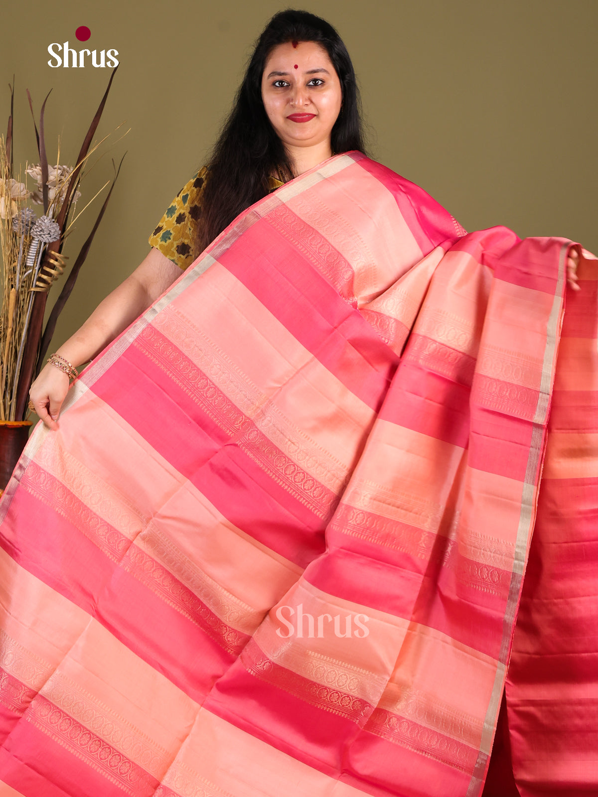 Luxurious Peach Handloom Soft Silk Saree with zari stripes & Pink Brocade Pallu -1
