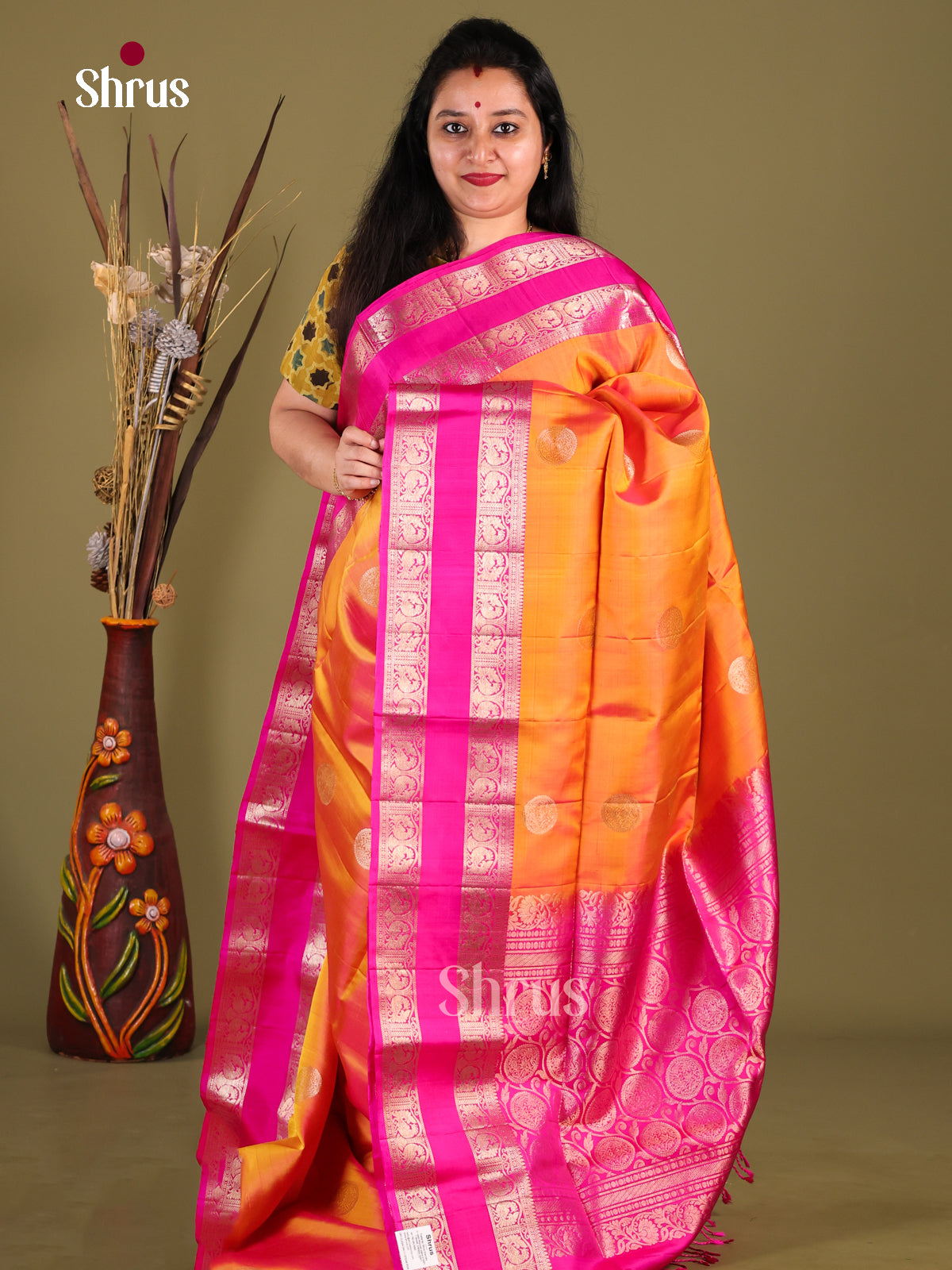 Opulent Orange Soft Silk Saree with Golden Buttas & Majenta rettaipet zari border - Shop on Shrus.com
