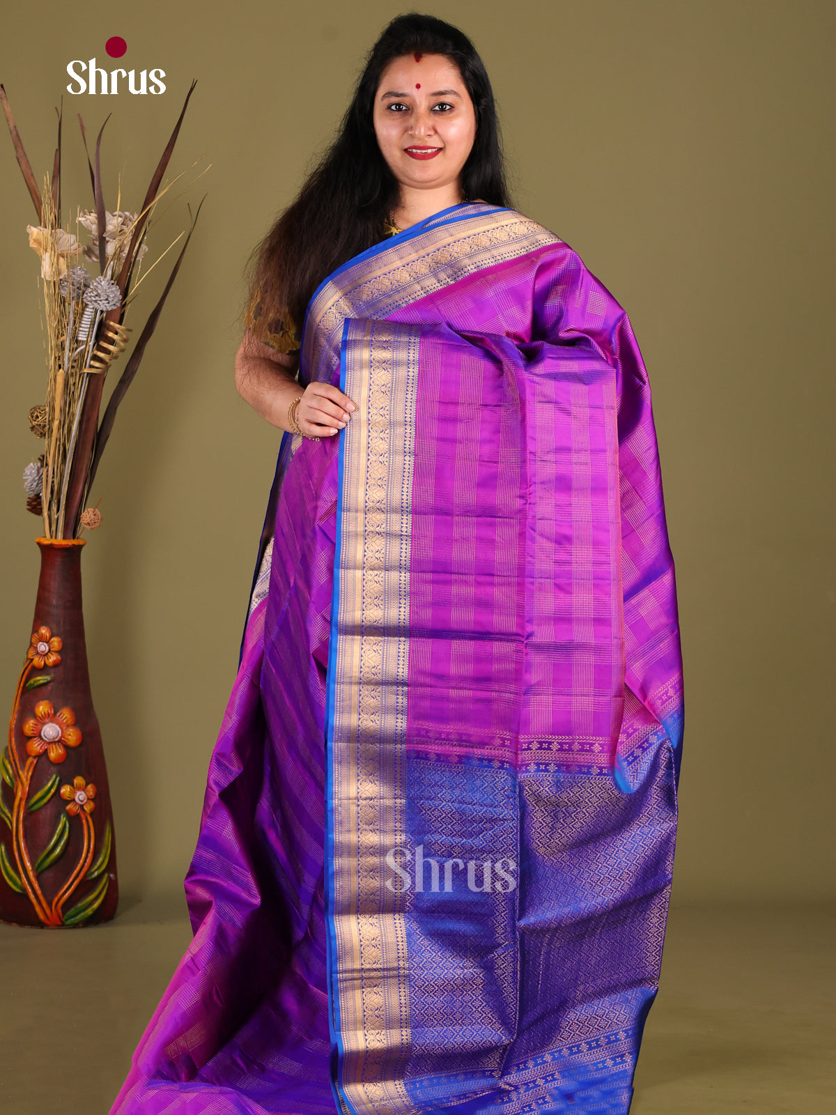 Classic Purple Soft Silk Saree with zari checks & Blue zari border
