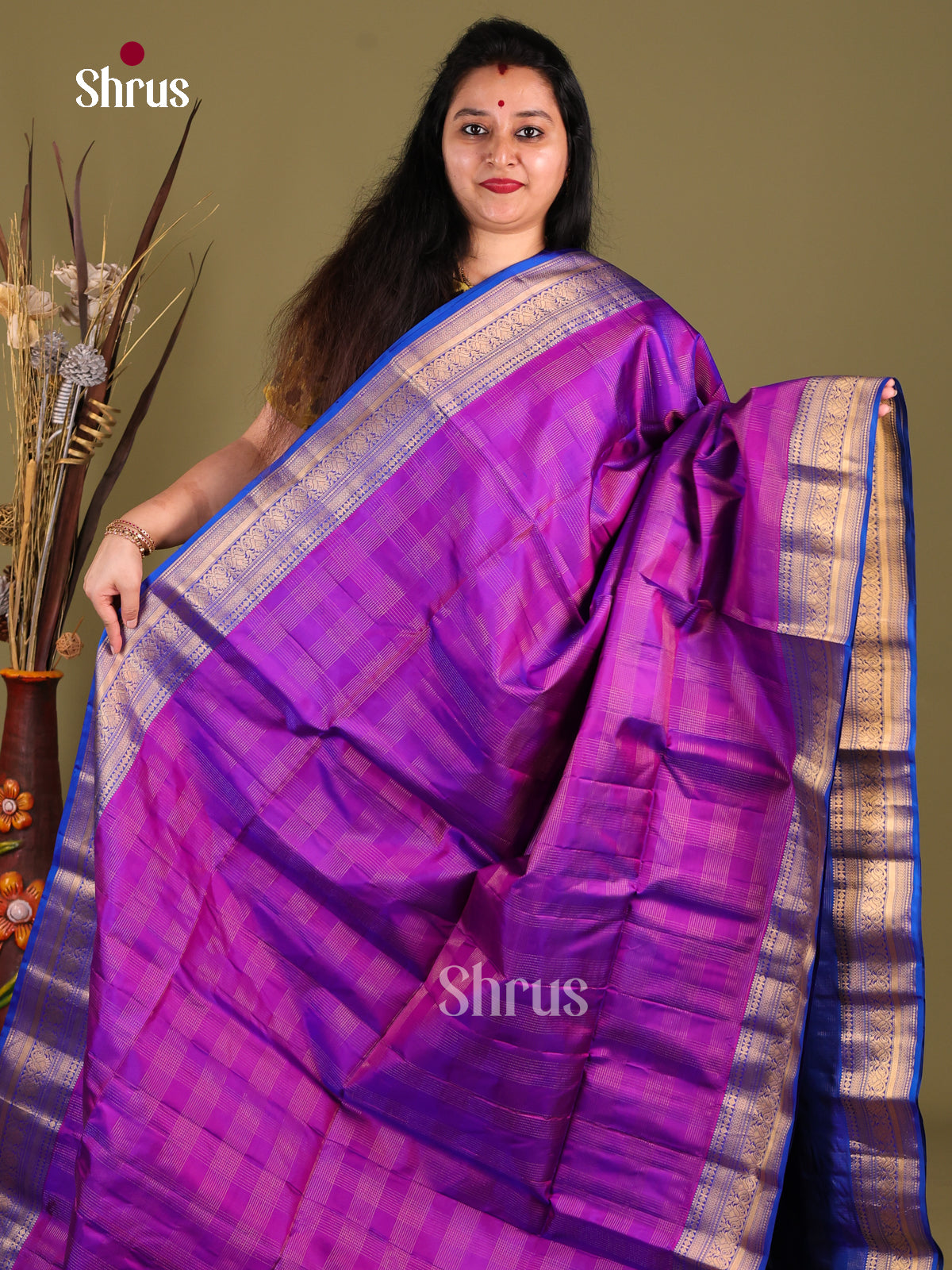 Classic Purple Soft Silk Saree with zari checks & Blue zari border -1