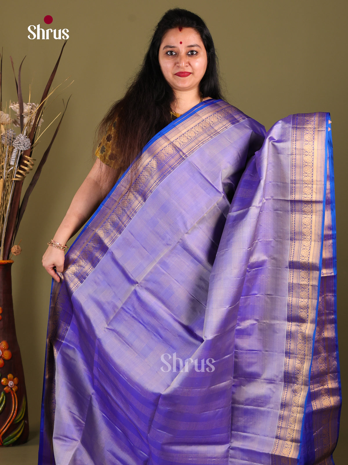 Lovely Lavender Soft Silk Saree with zari checks & Blue Zari Woven floral vines border -1