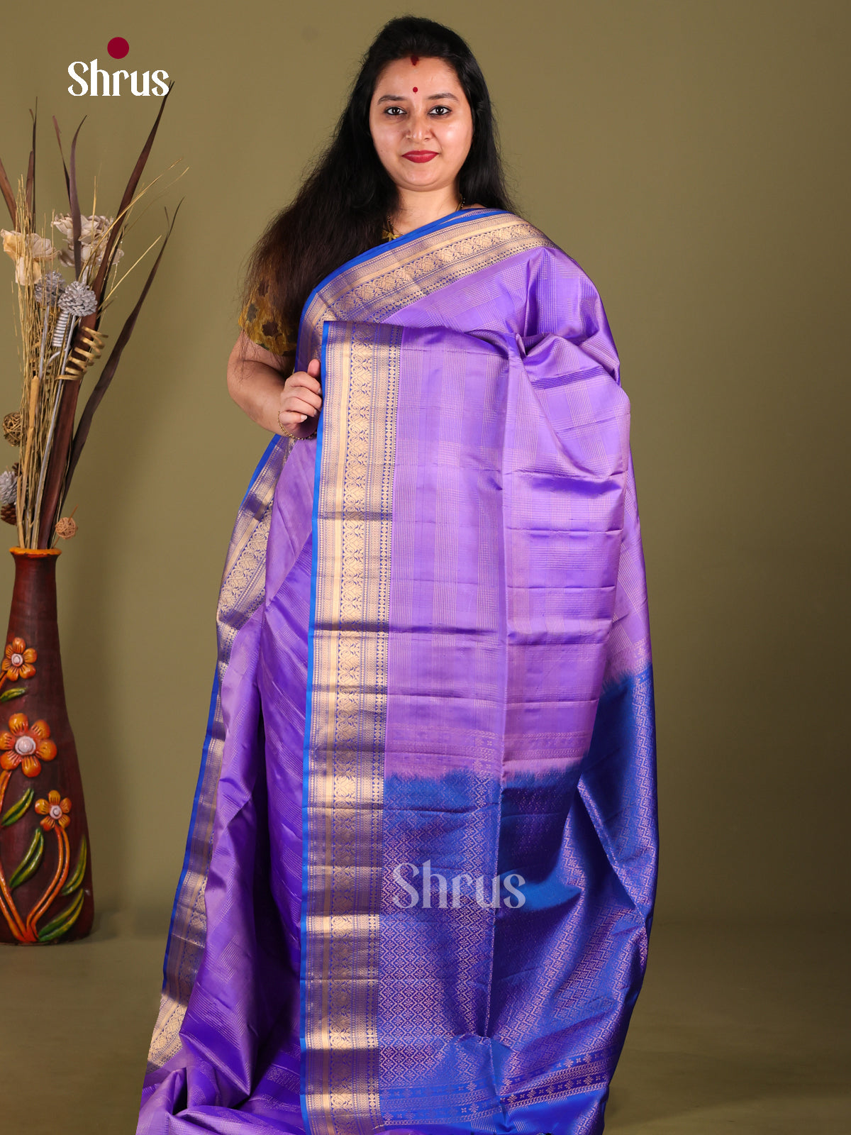 Lavender & Blue Soft Silk Saree with gold zari checks , rich traditional border