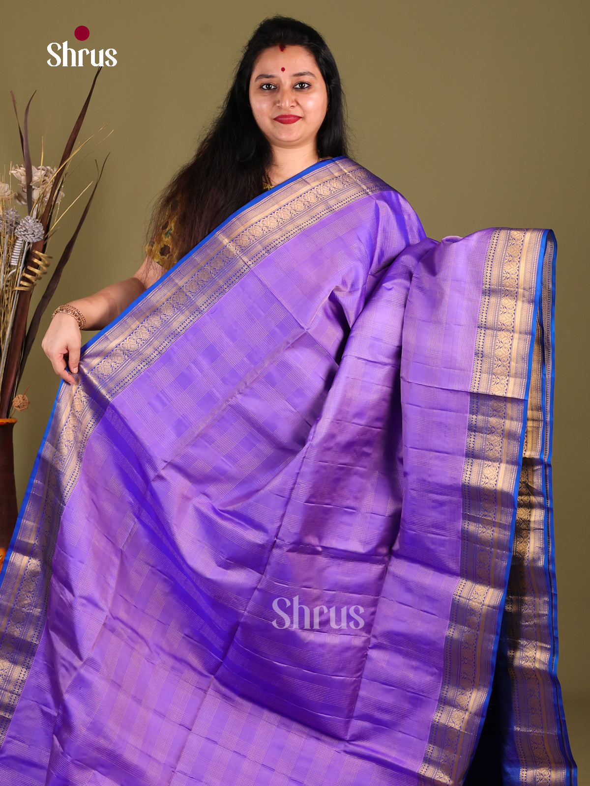 Lavender & Blue Soft Silk Saree with gold zari checks , rich traditional border -1