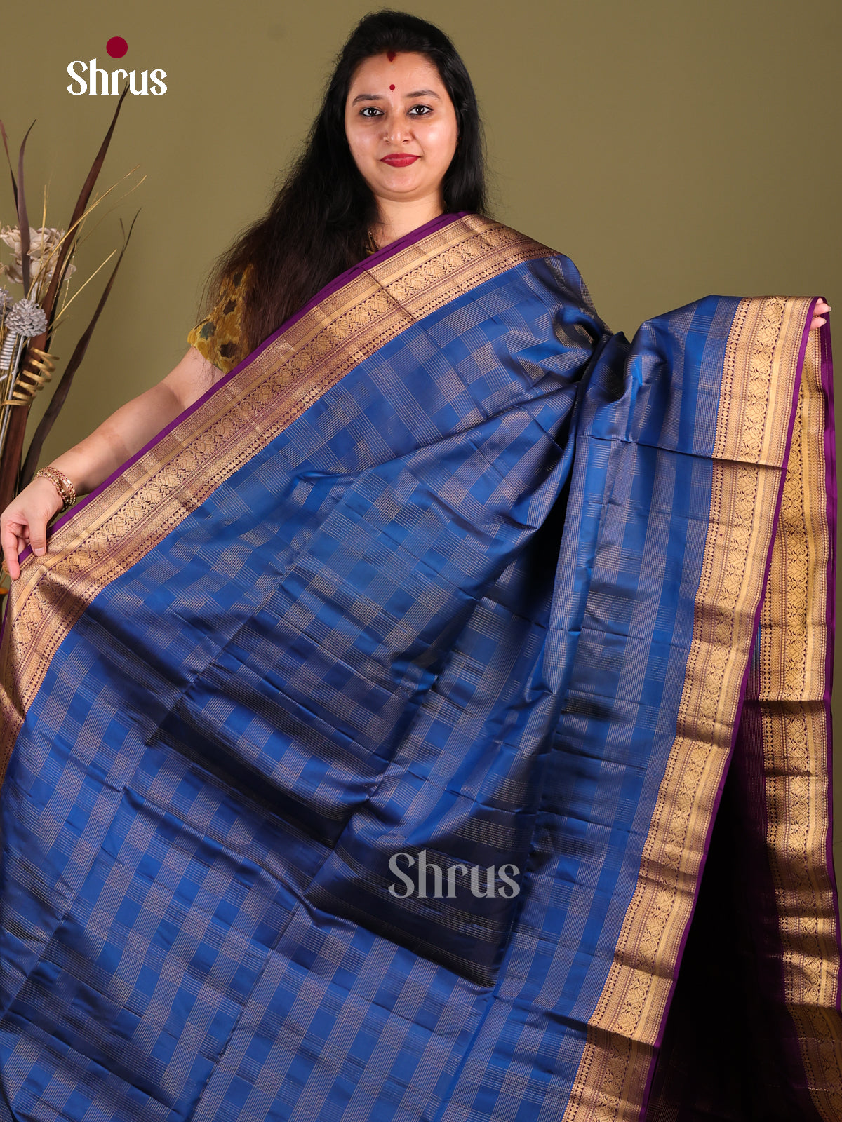 Ornate Blue Soft Silk Saree with zari checks & Purple Zari Border -1