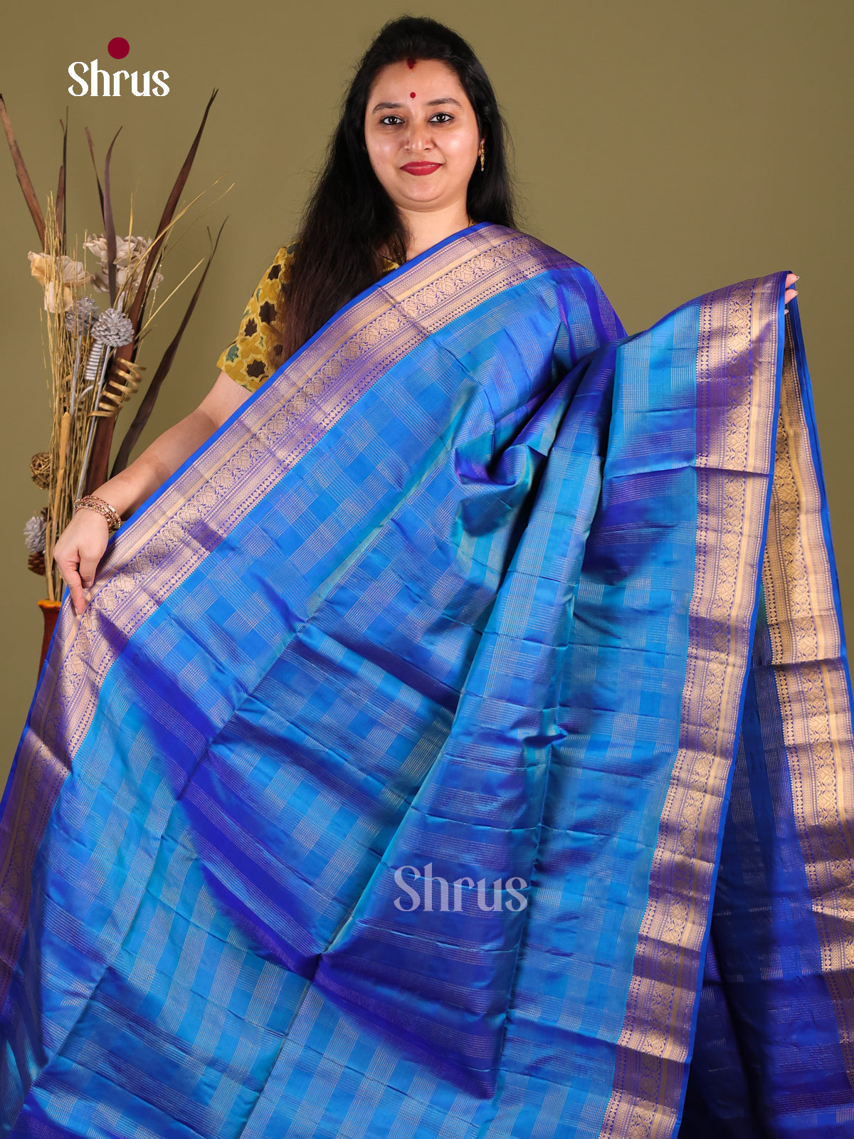 Vibrant Blue Soft Silk Saree with gold checks & rich Dark Blue zari border -1