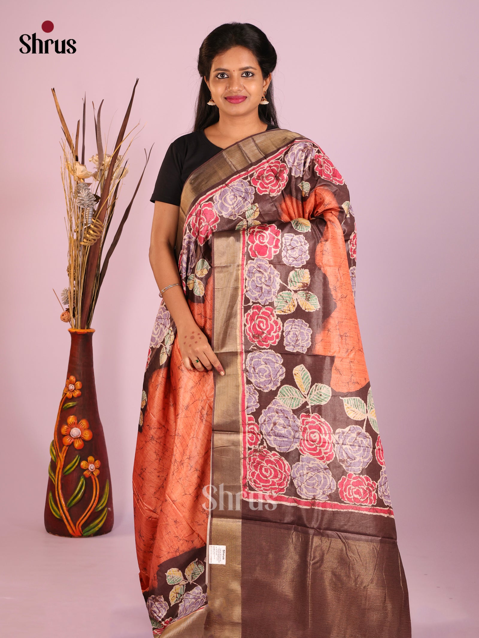 Orange & Brown - Butter silk Saree